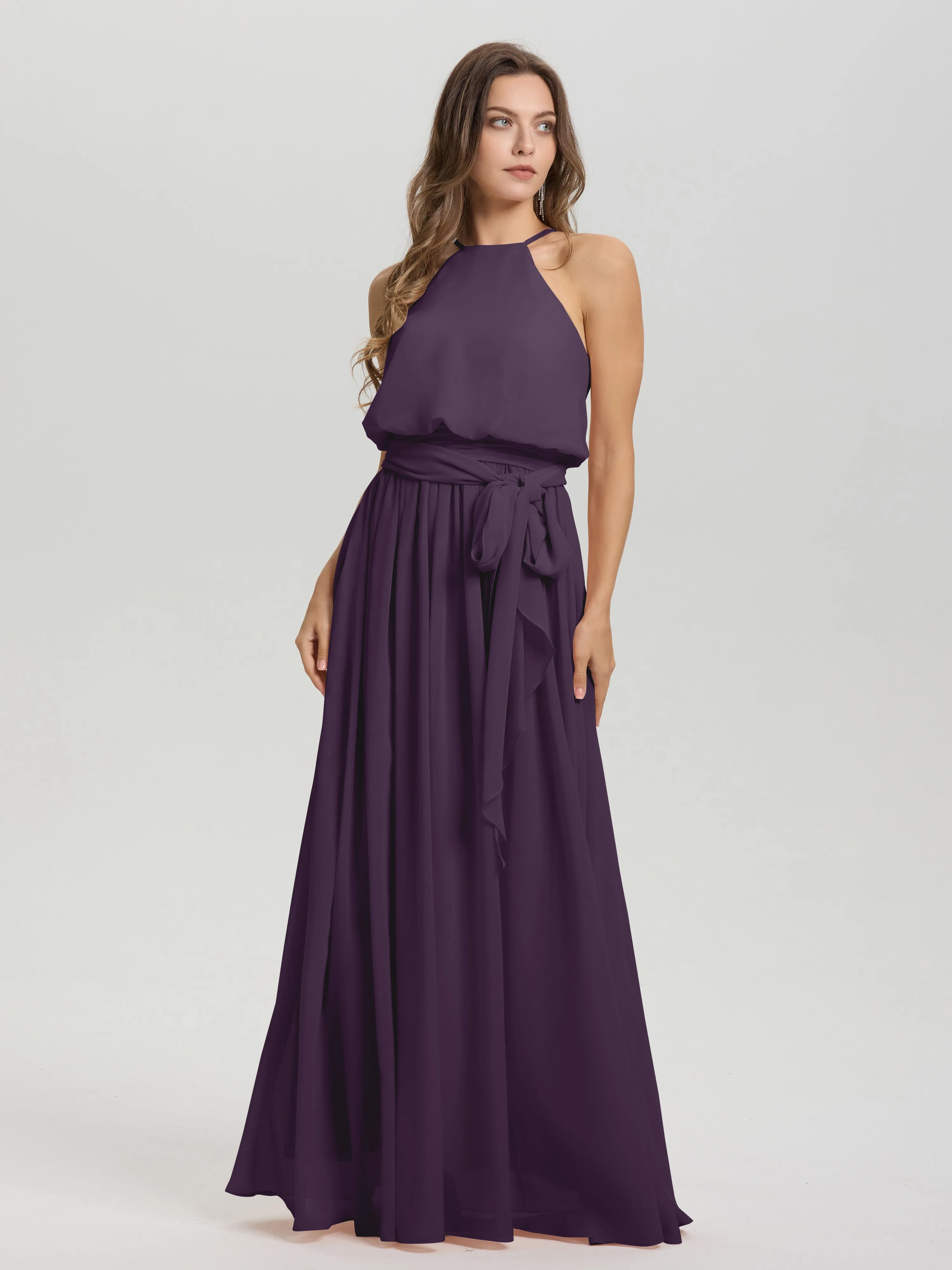 Halter Sleeveless Floor Length Chiffon Bridesmaid Dresses With Belt