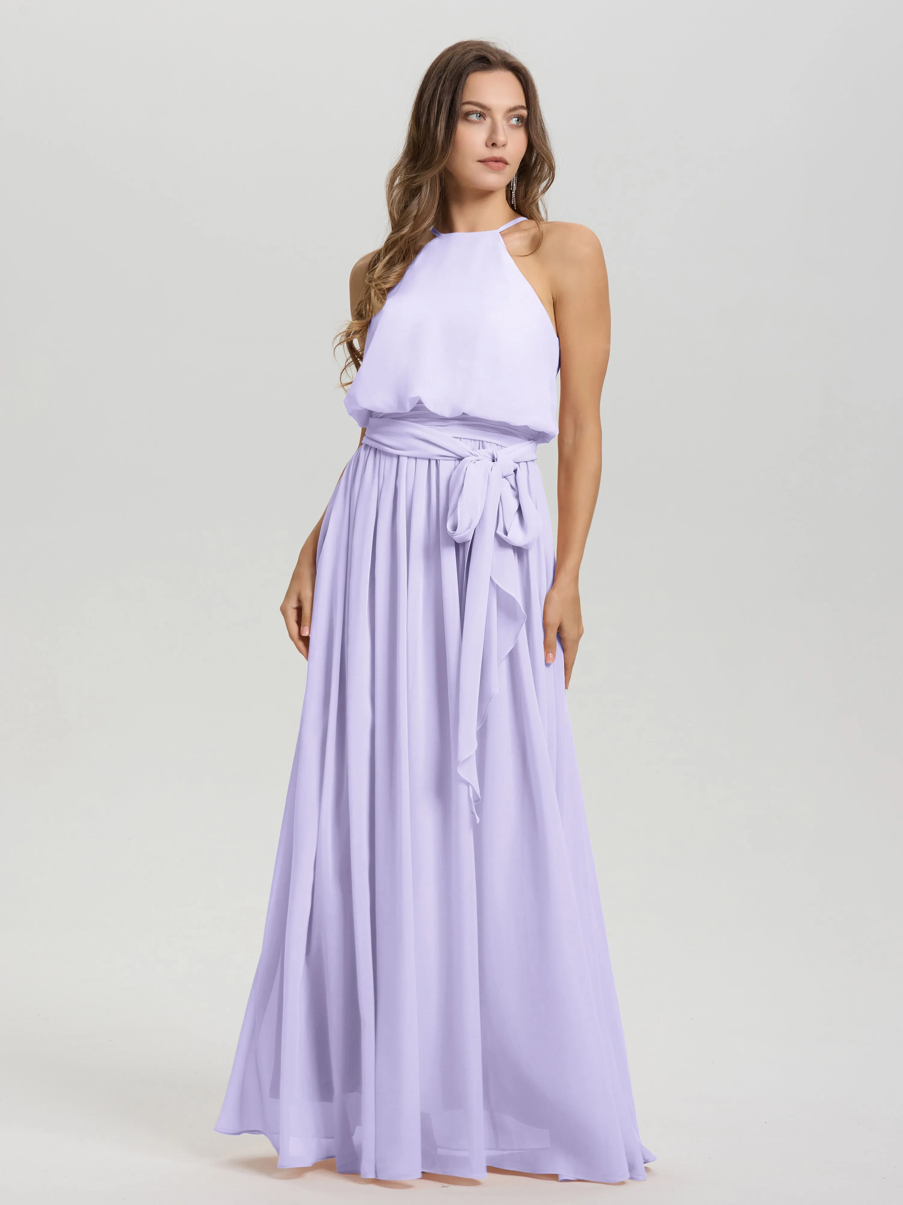 Halter Sleeveless Floor Length Chiffon Bridesmaid Dresses With Belt