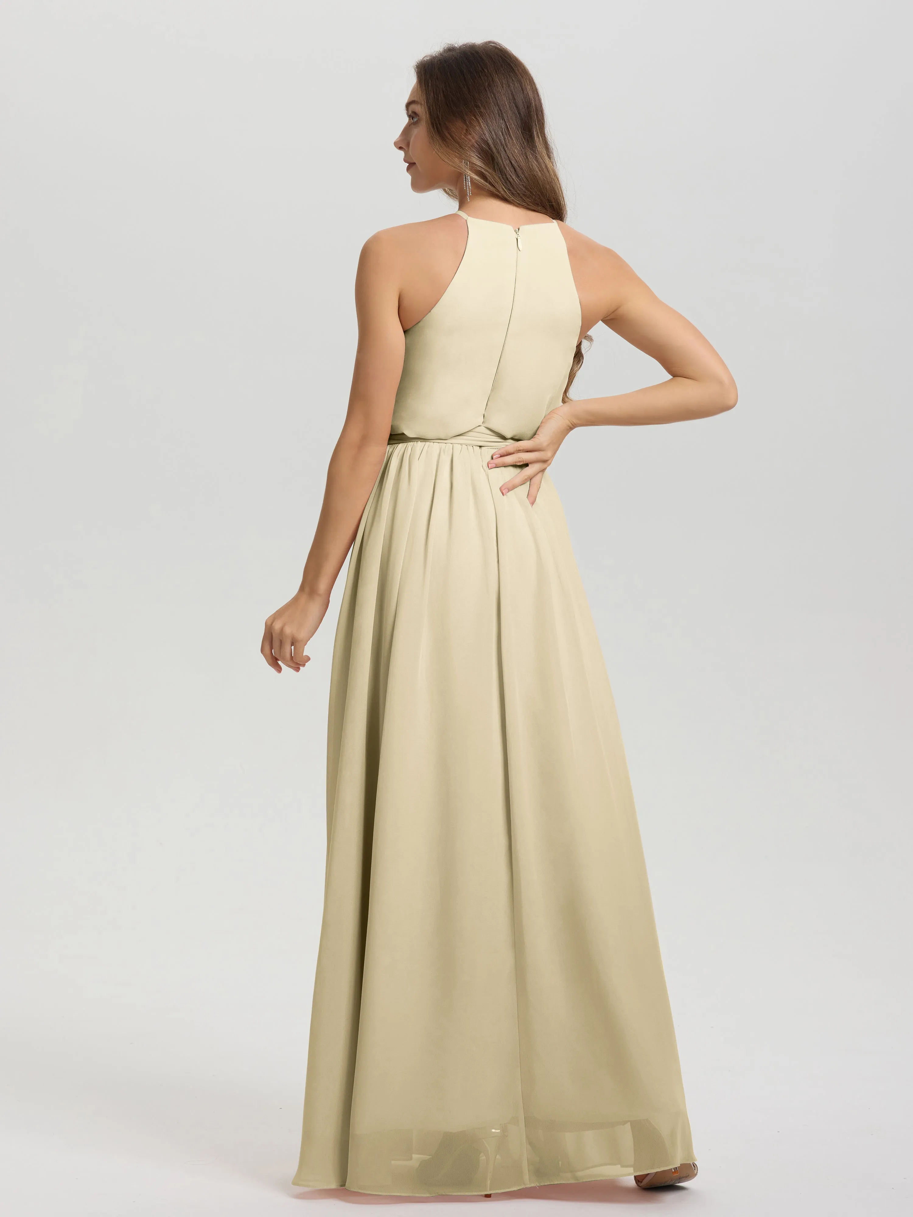 Halter Sleeveless Floor Length Chiffon Bridesmaid Dresses With Belt