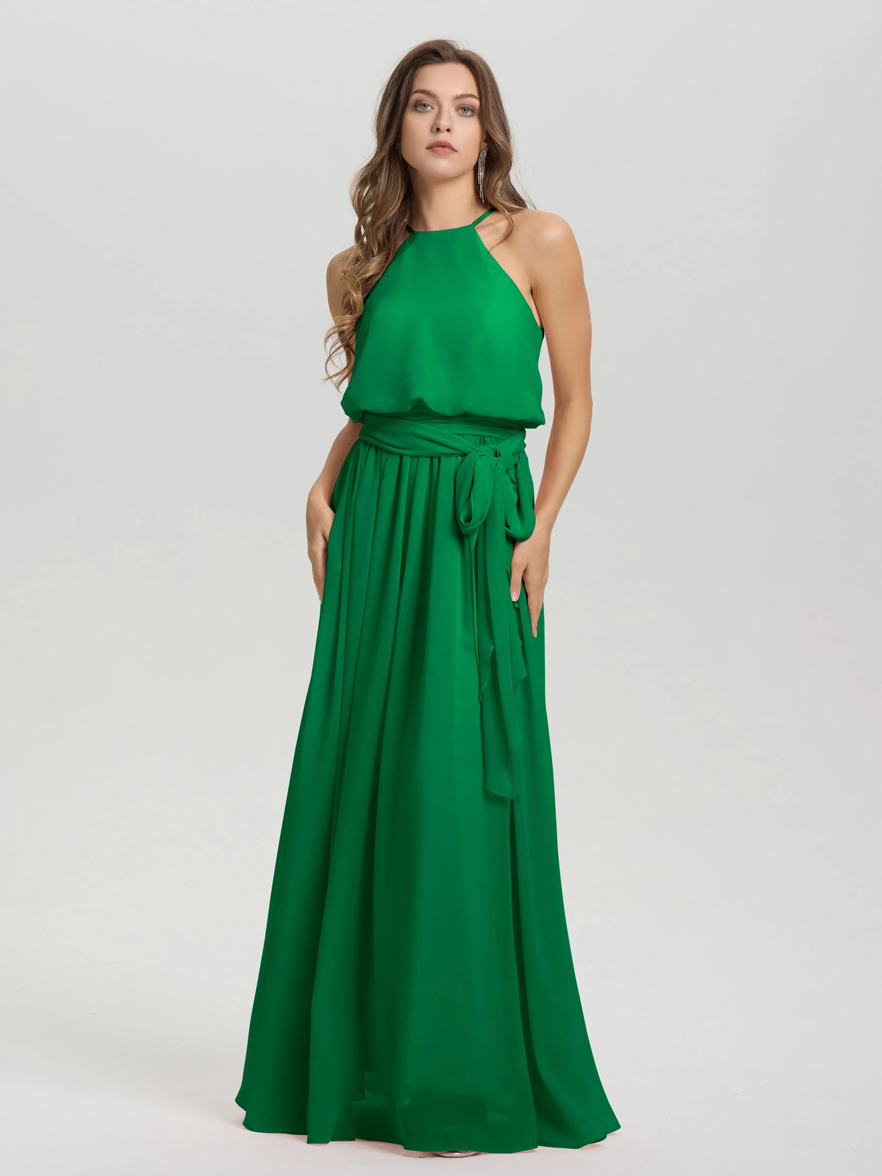 Halter Sleeveless Floor Length Chiffon Bridesmaid Dresses With Belt