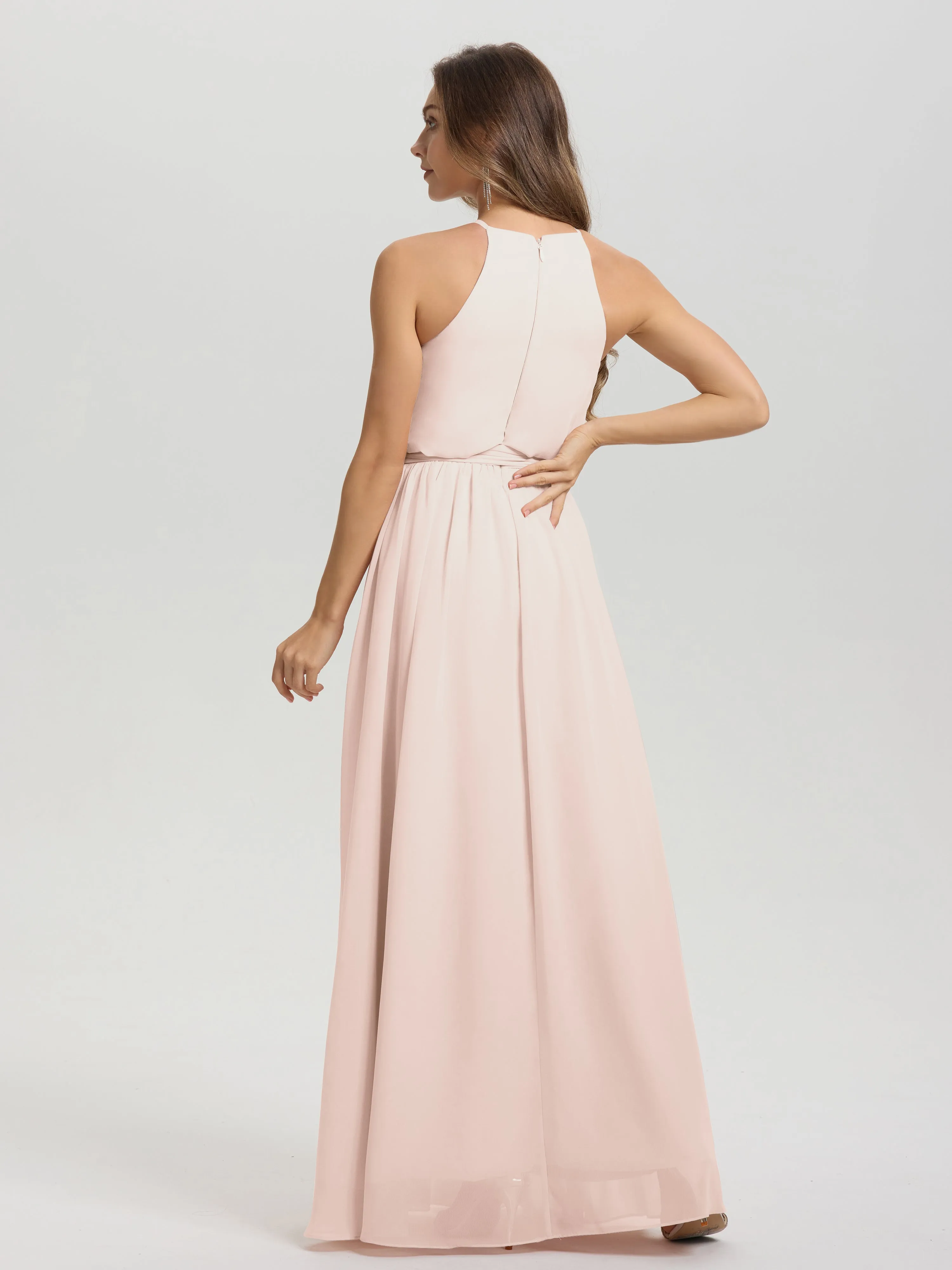 Halter Sleeveless Floor Length Chiffon Bridesmaid Dresses With Belt