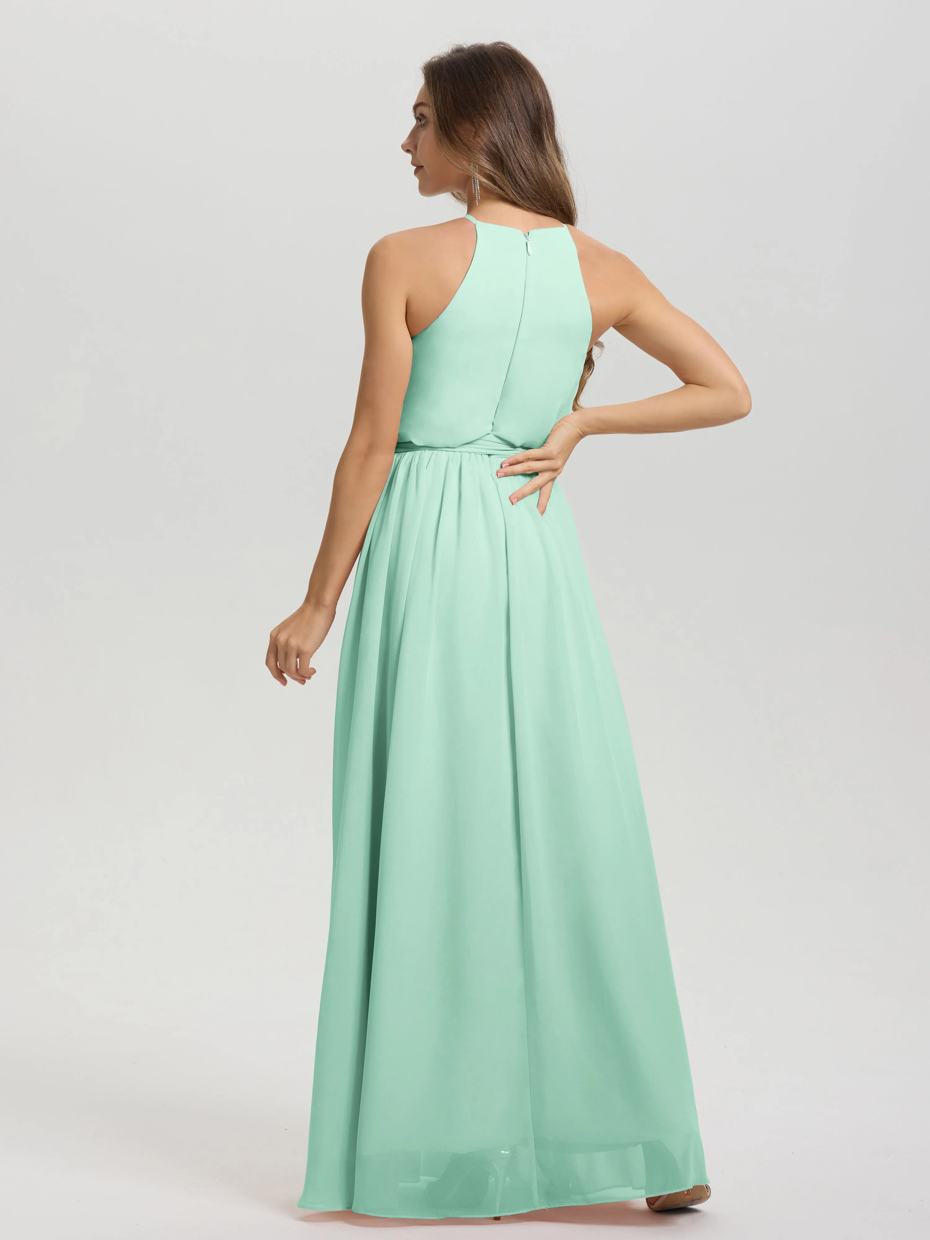 Halter Sleeveless Floor Length Chiffon Bridesmaid Dresses With Belt