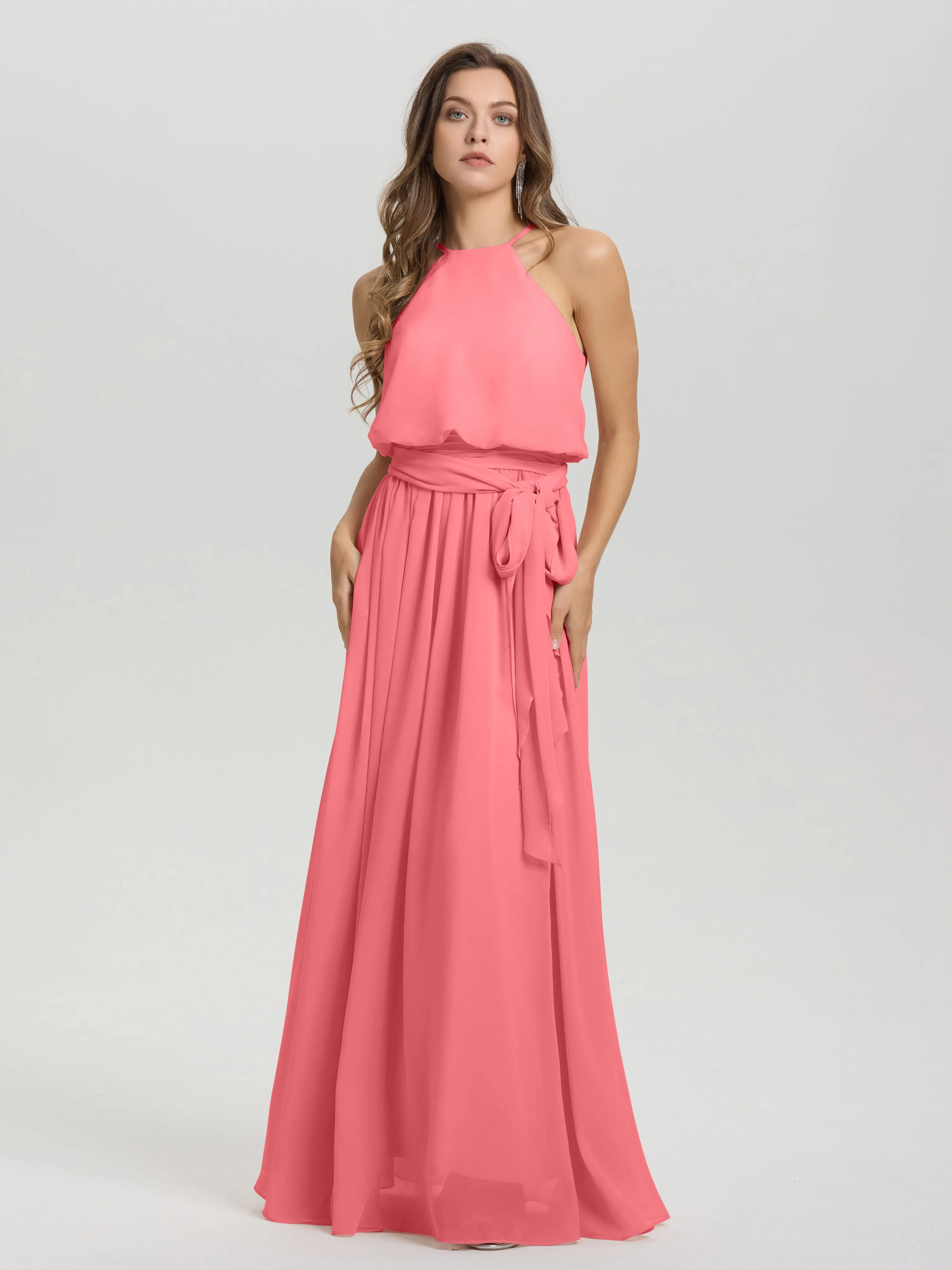 Halter Sleeveless Floor Length Chiffon Bridesmaid Dresses With Belt