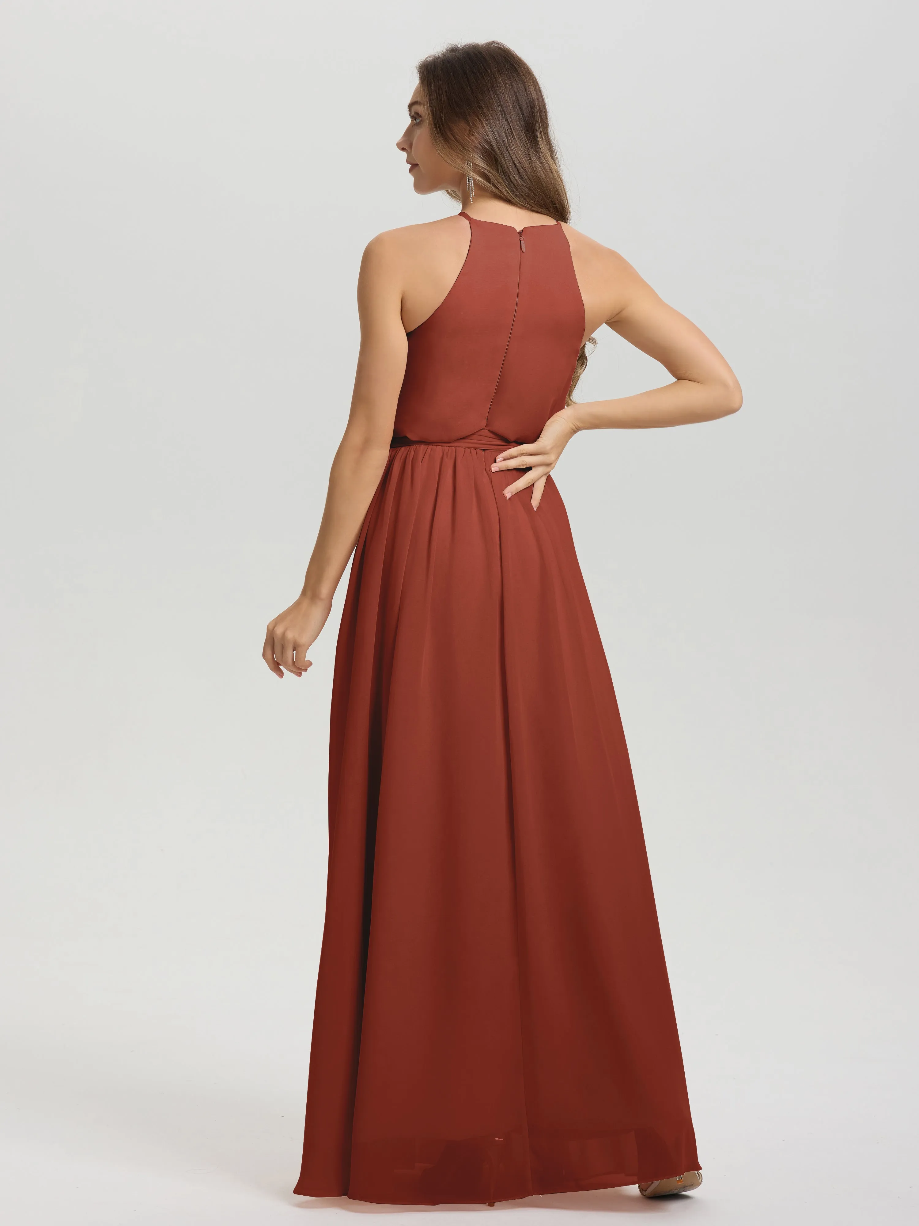 Halter Sleeveless Floor Length Chiffon Bridesmaid Dresses With Belt