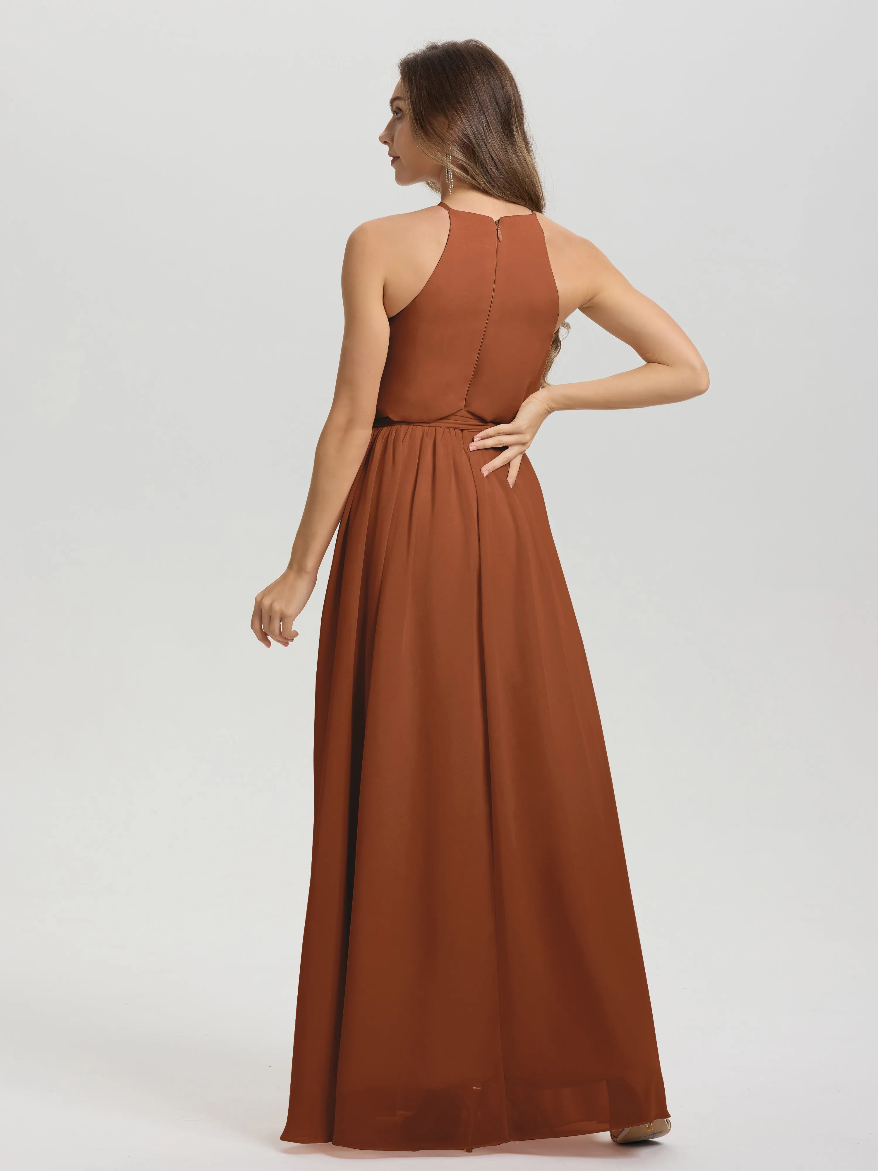 Halter Sleeveless Floor Length Chiffon Bridesmaid Dresses With Belt