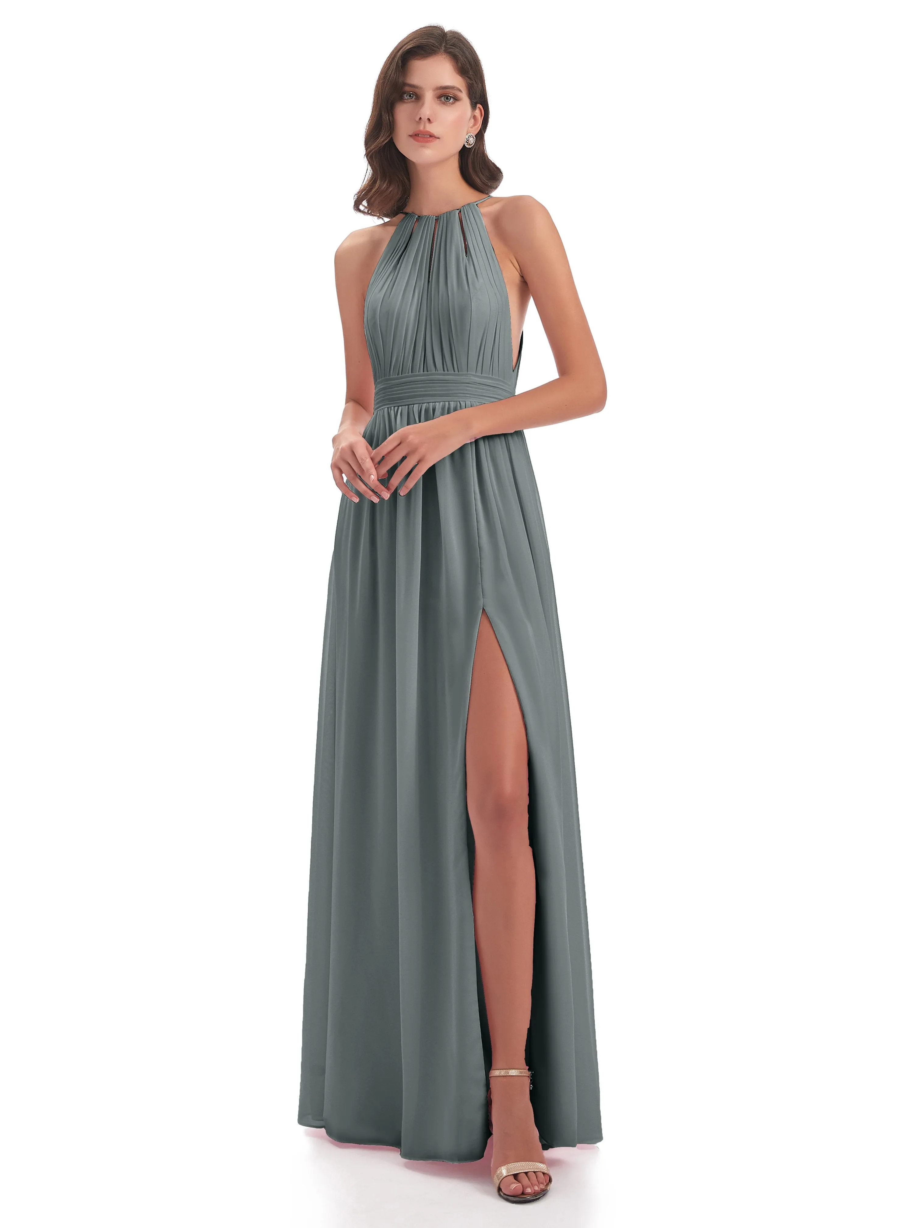 Harriet Exquisite Halter Split Long Chiffon Bridesmaid Dresses