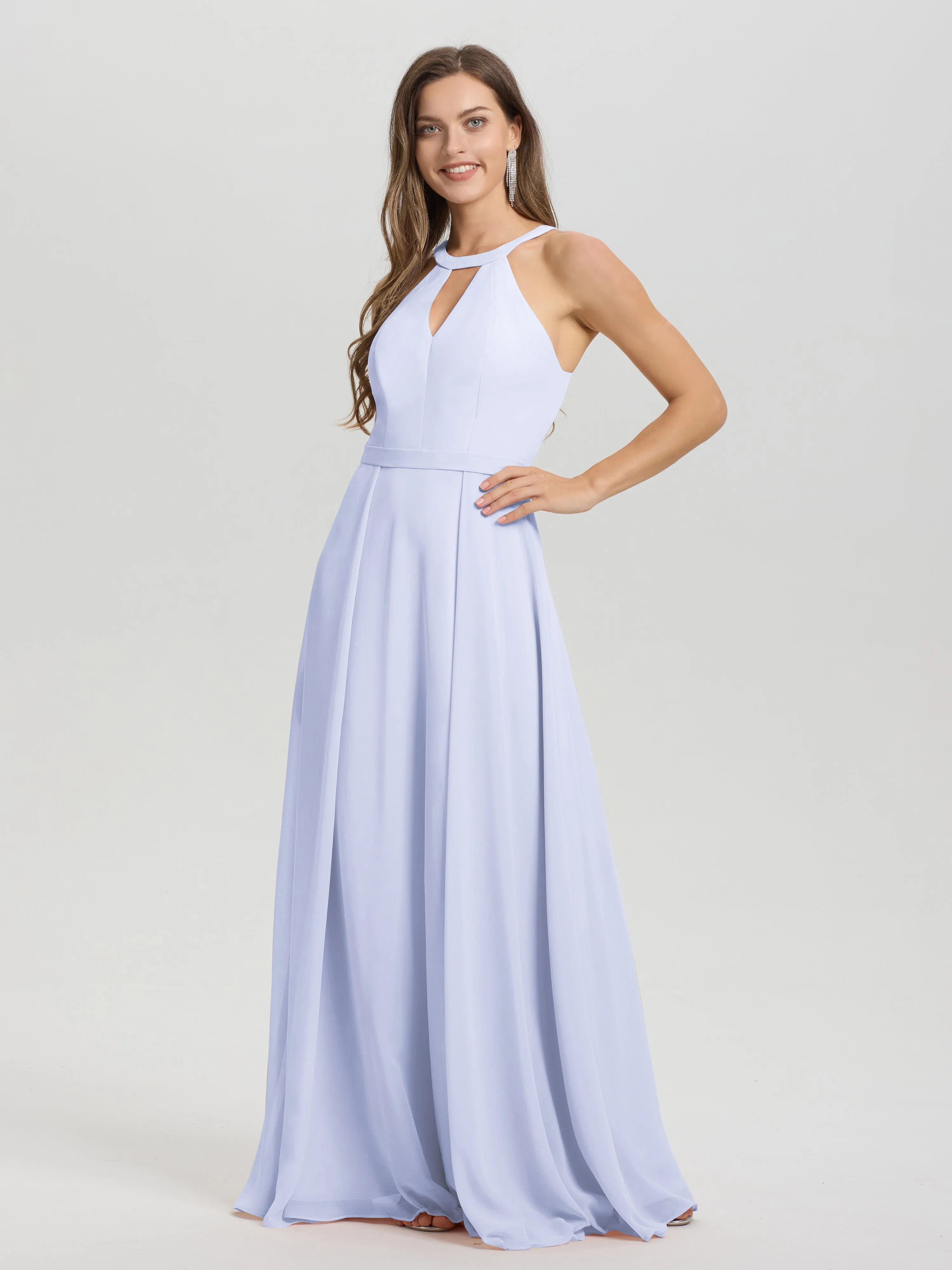 Hater A-Line Key Hole Sleeveless Floor Length Chiffon Bridesmaid Dress