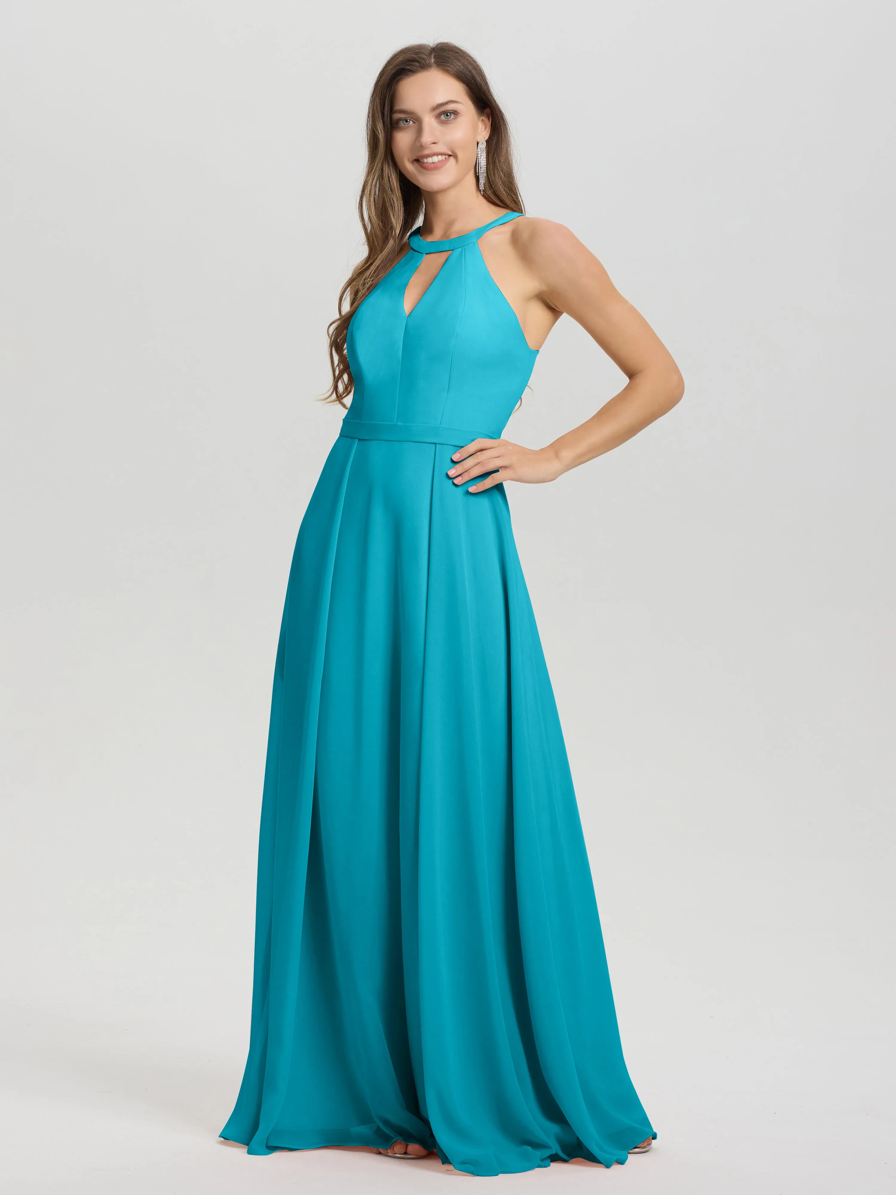 Hater A-Line Key Hole Sleeveless Floor Length Chiffon Bridesmaid Dress