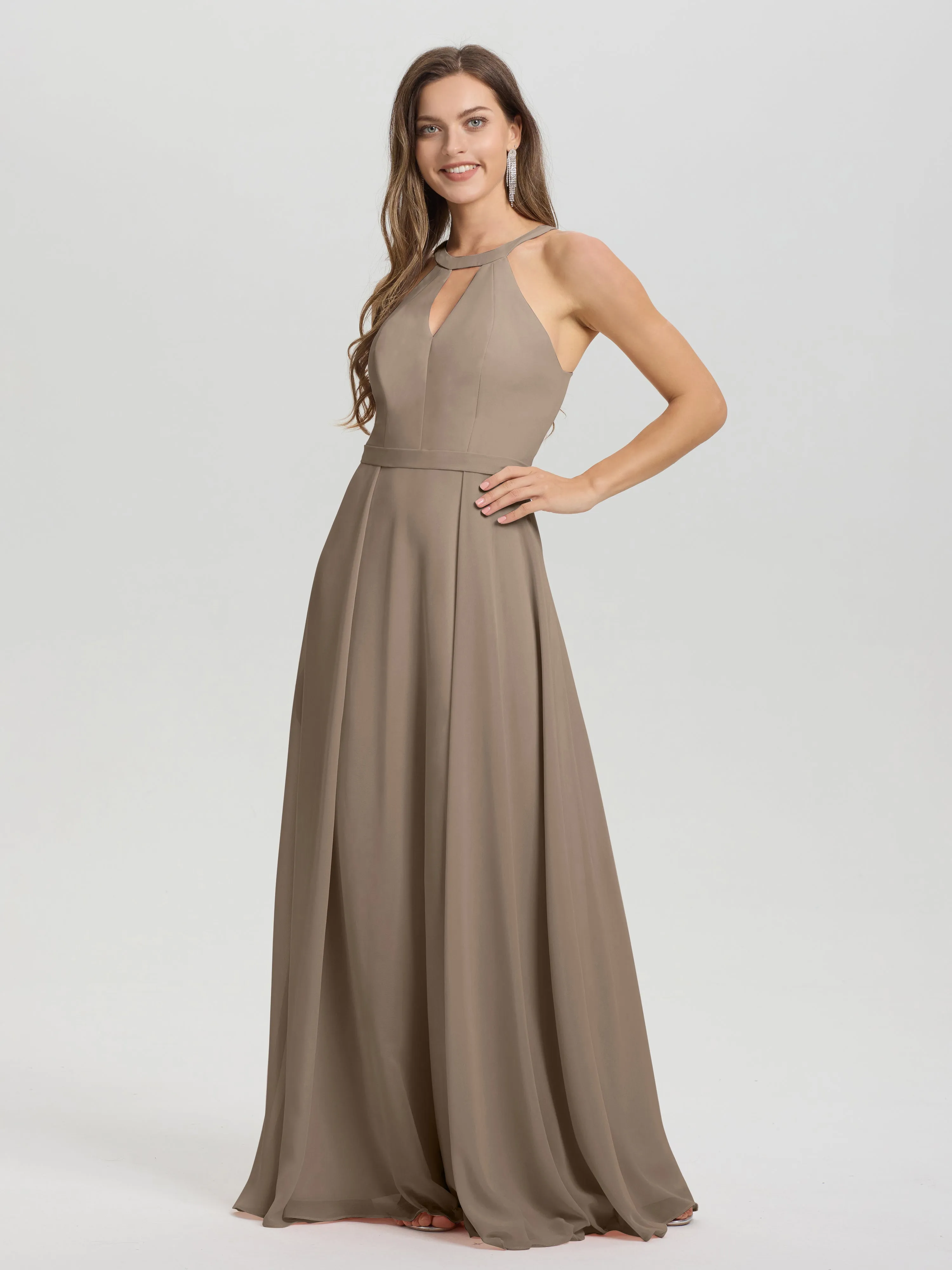 Hater A-Line Key Hole Sleeveless Floor Length Chiffon Bridesmaid Dress