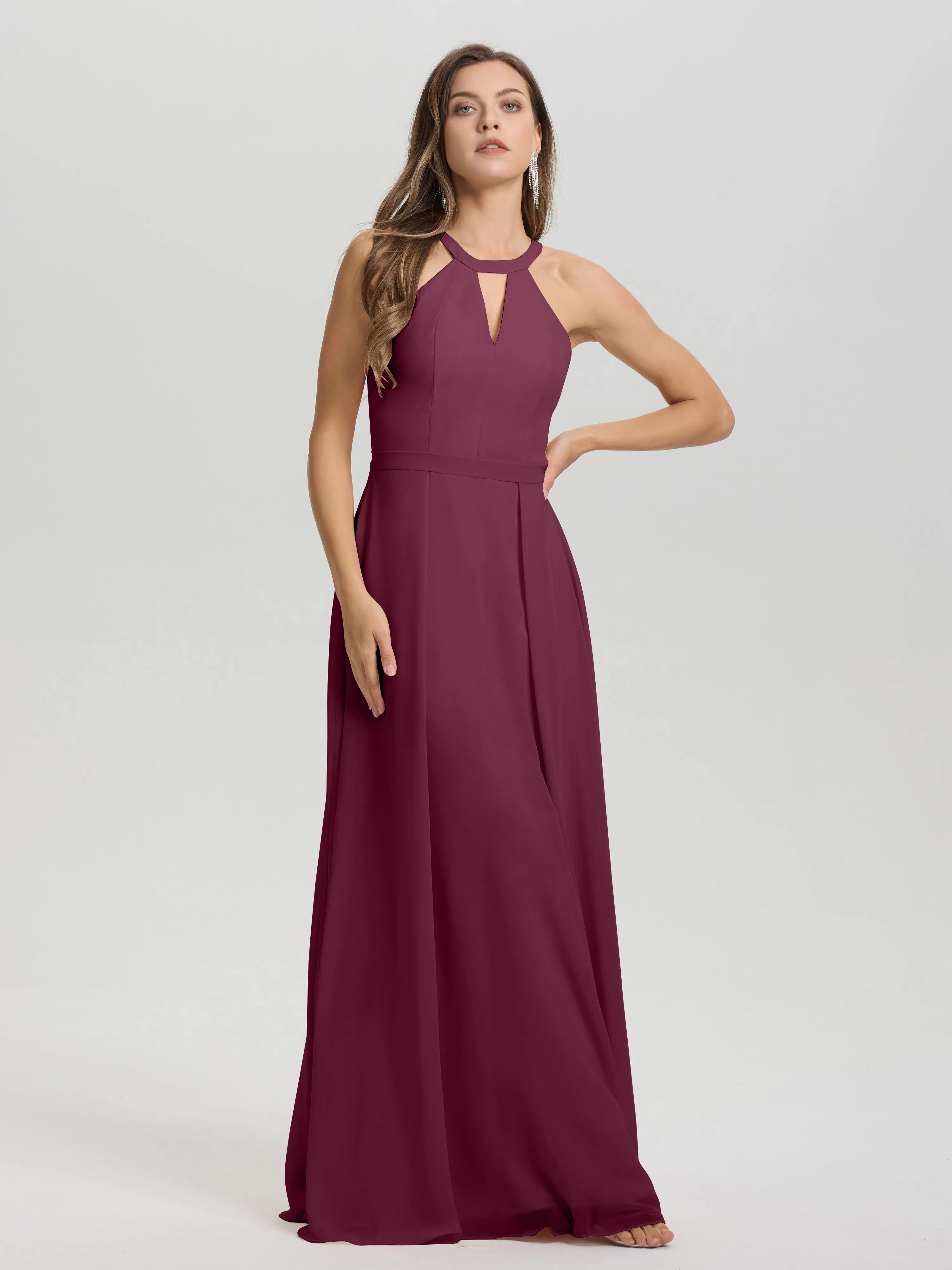 Hater A-Line Key Hole Sleeveless Floor Length Chiffon Bridesmaid Dress