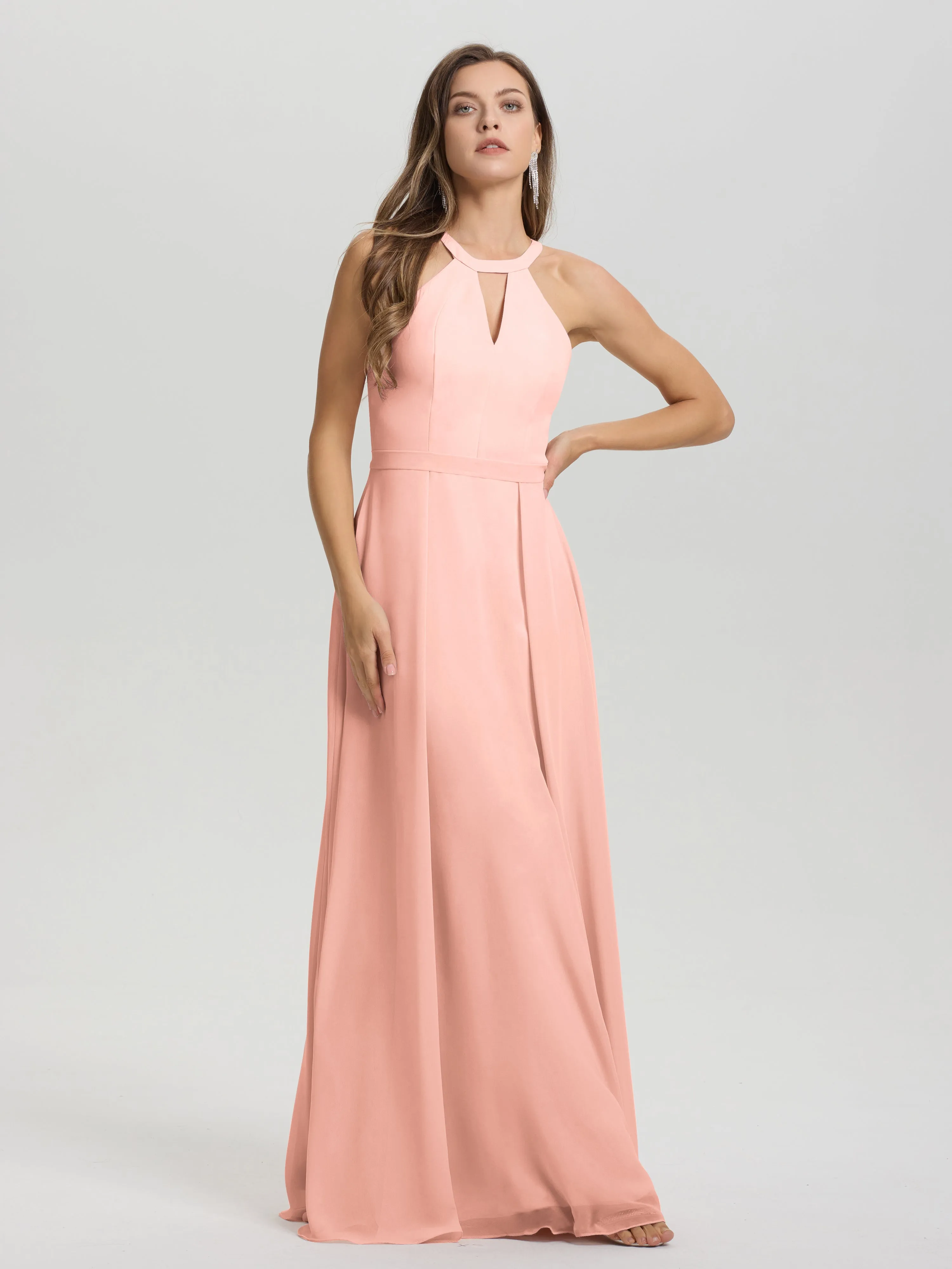 Hater A-Line Key Hole Sleeveless Floor Length Chiffon Bridesmaid Dress