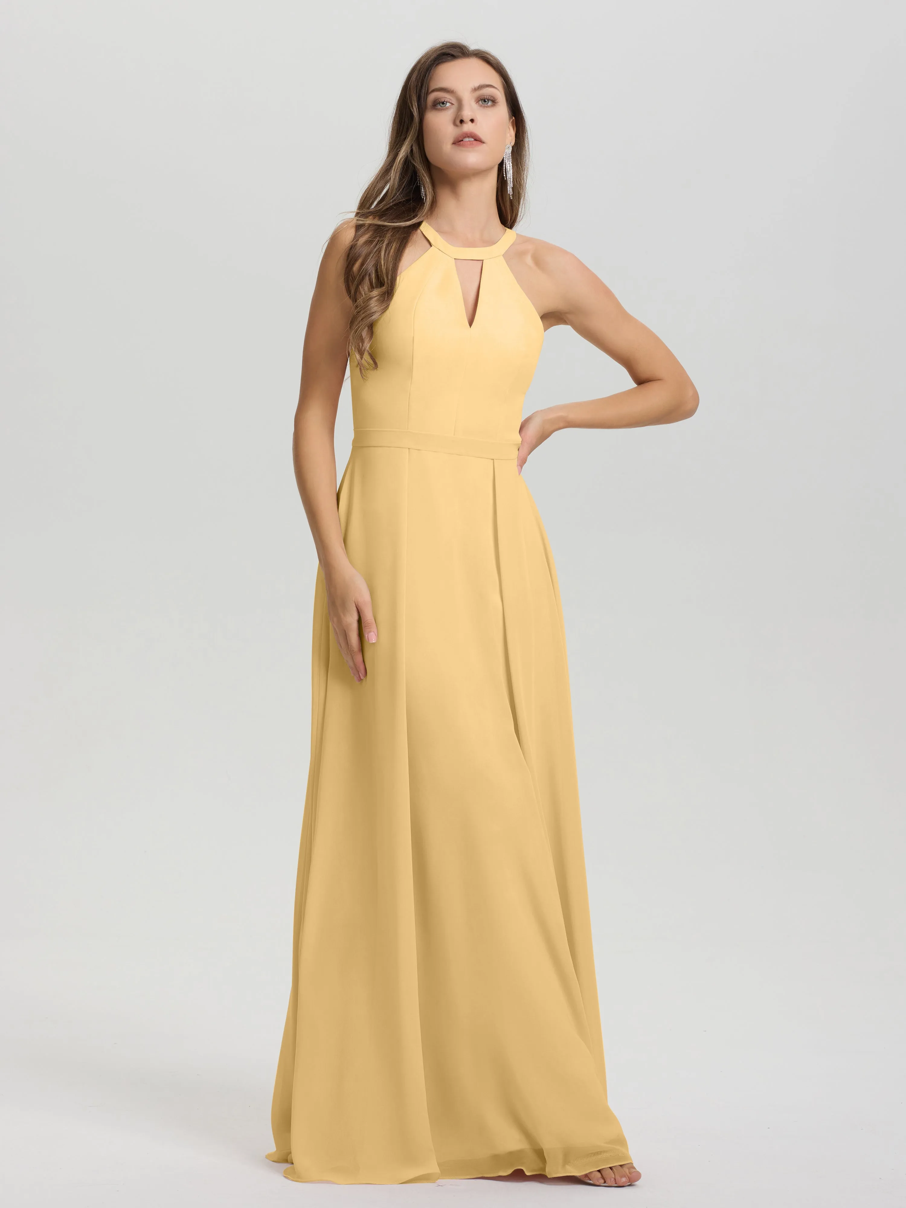 Hater A-Line Key Hole Sleeveless Floor Length Chiffon Bridesmaid Dress