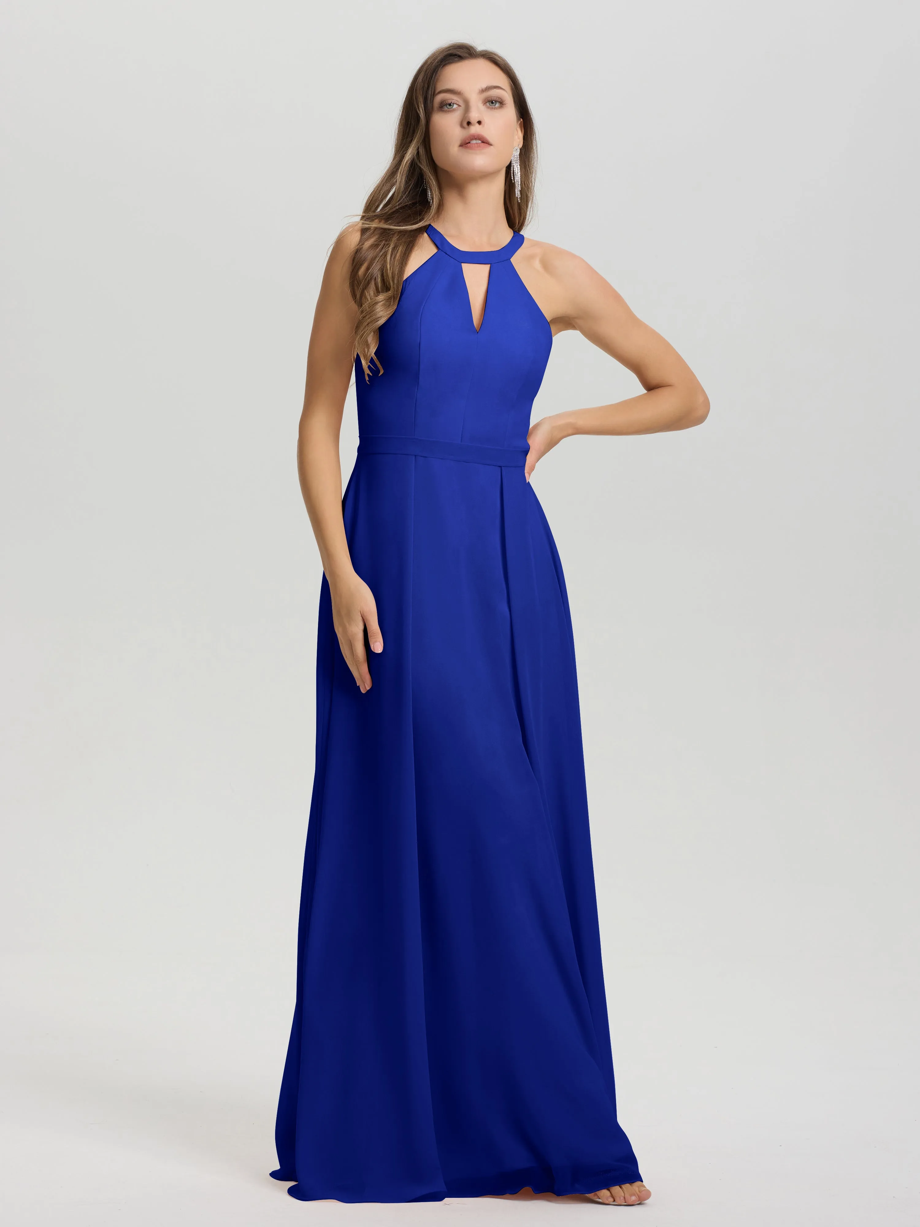 Hater A-Line Key Hole Sleeveless Floor Length Chiffon Bridesmaid Dress