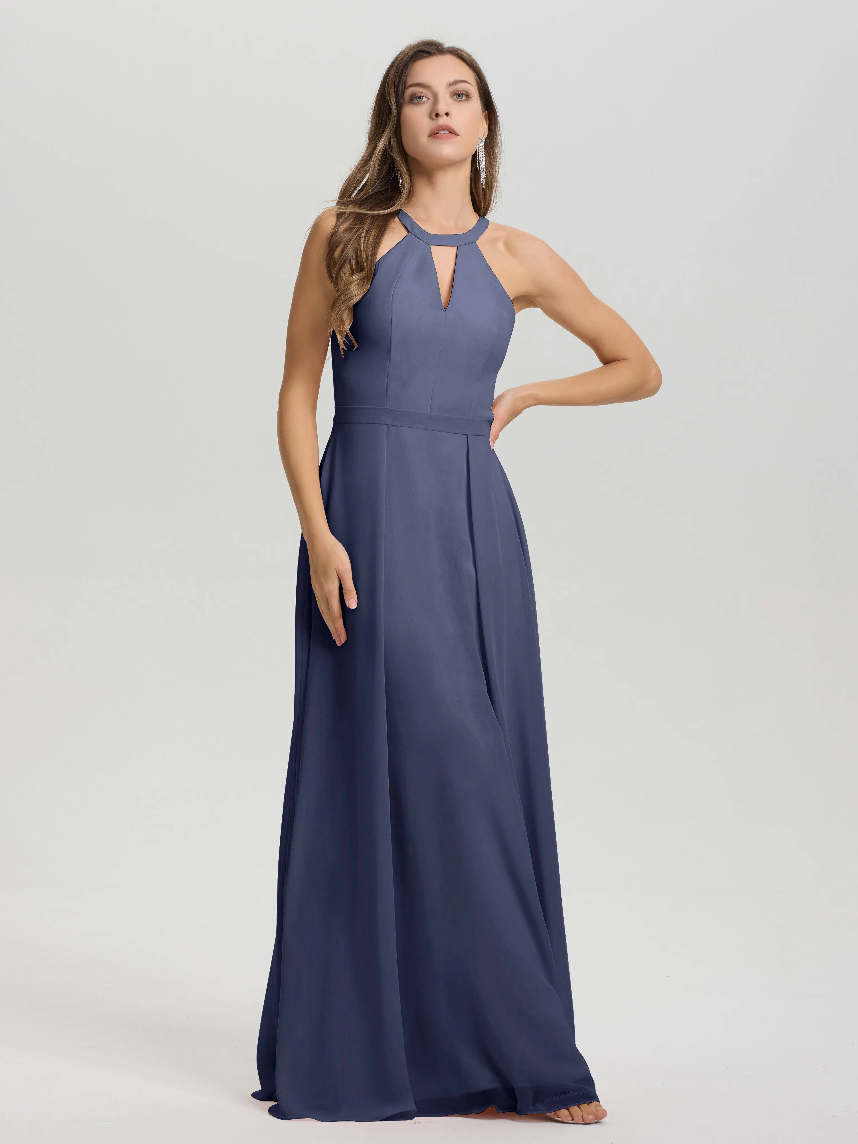 Hater A-Line Key Hole Sleeveless Floor Length Chiffon Bridesmaid Dress