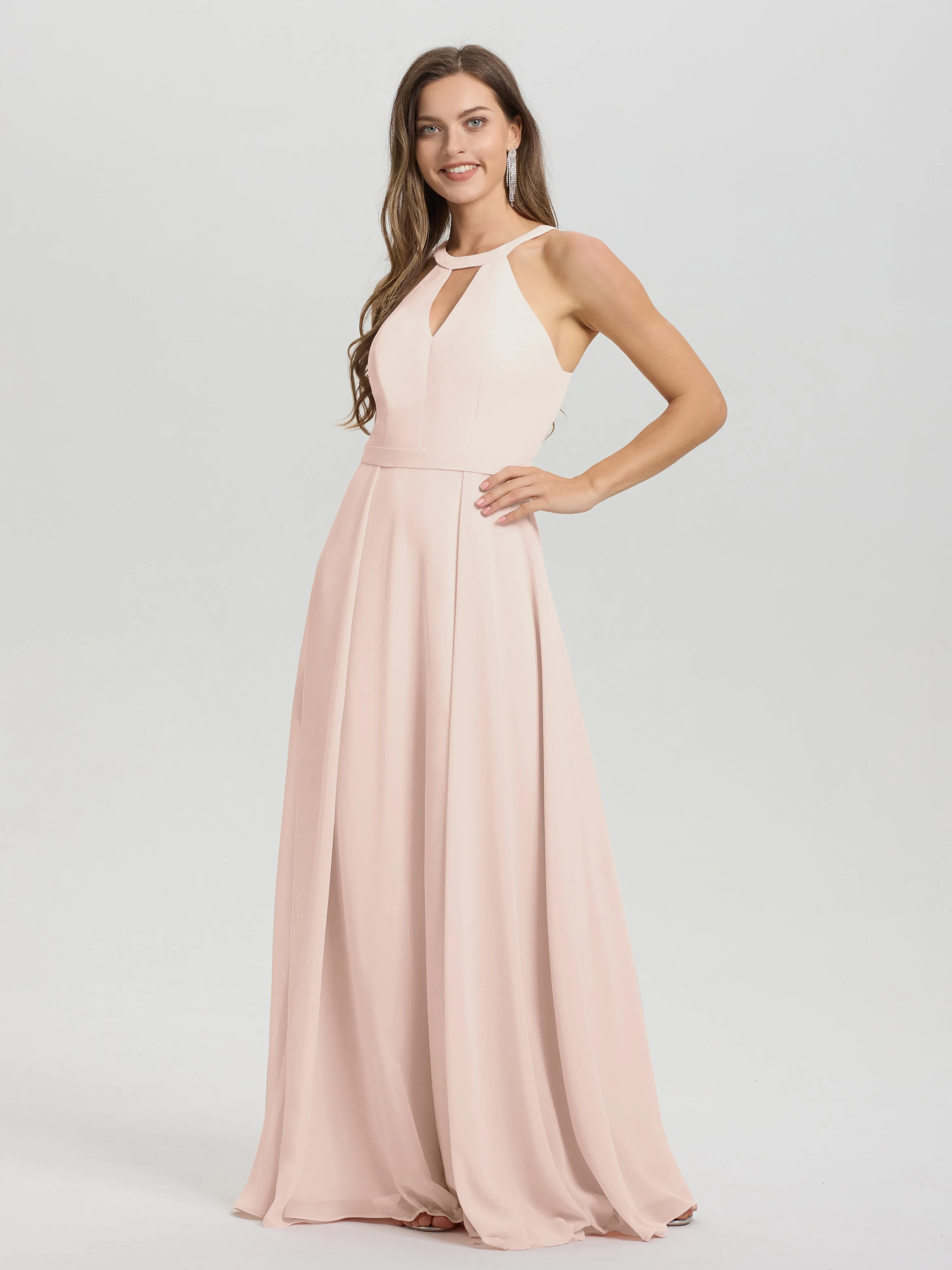 Hater A-Line Key Hole Sleeveless Floor Length Chiffon Bridesmaid Dress