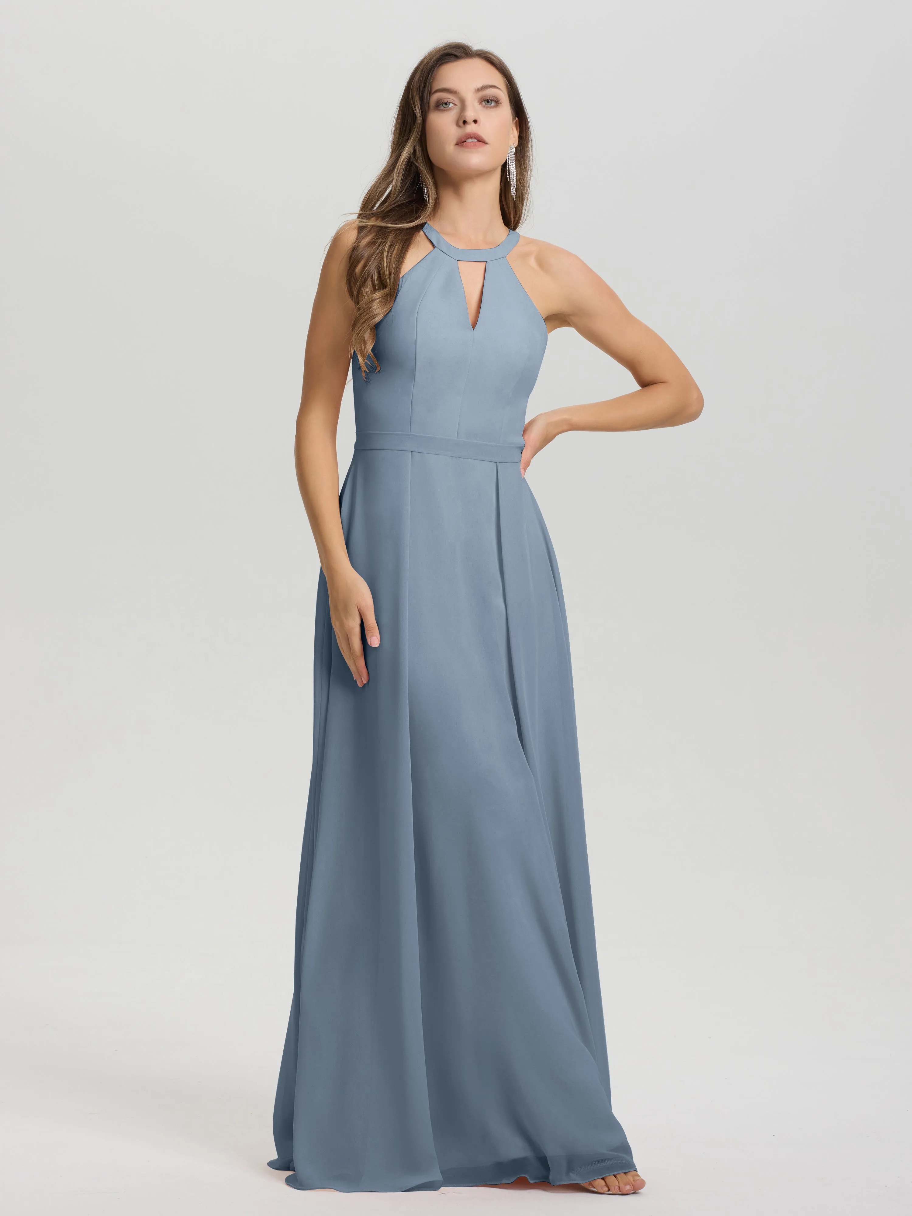 Hater A-Line Key Hole Sleeveless Floor Length Chiffon Bridesmaid Dress