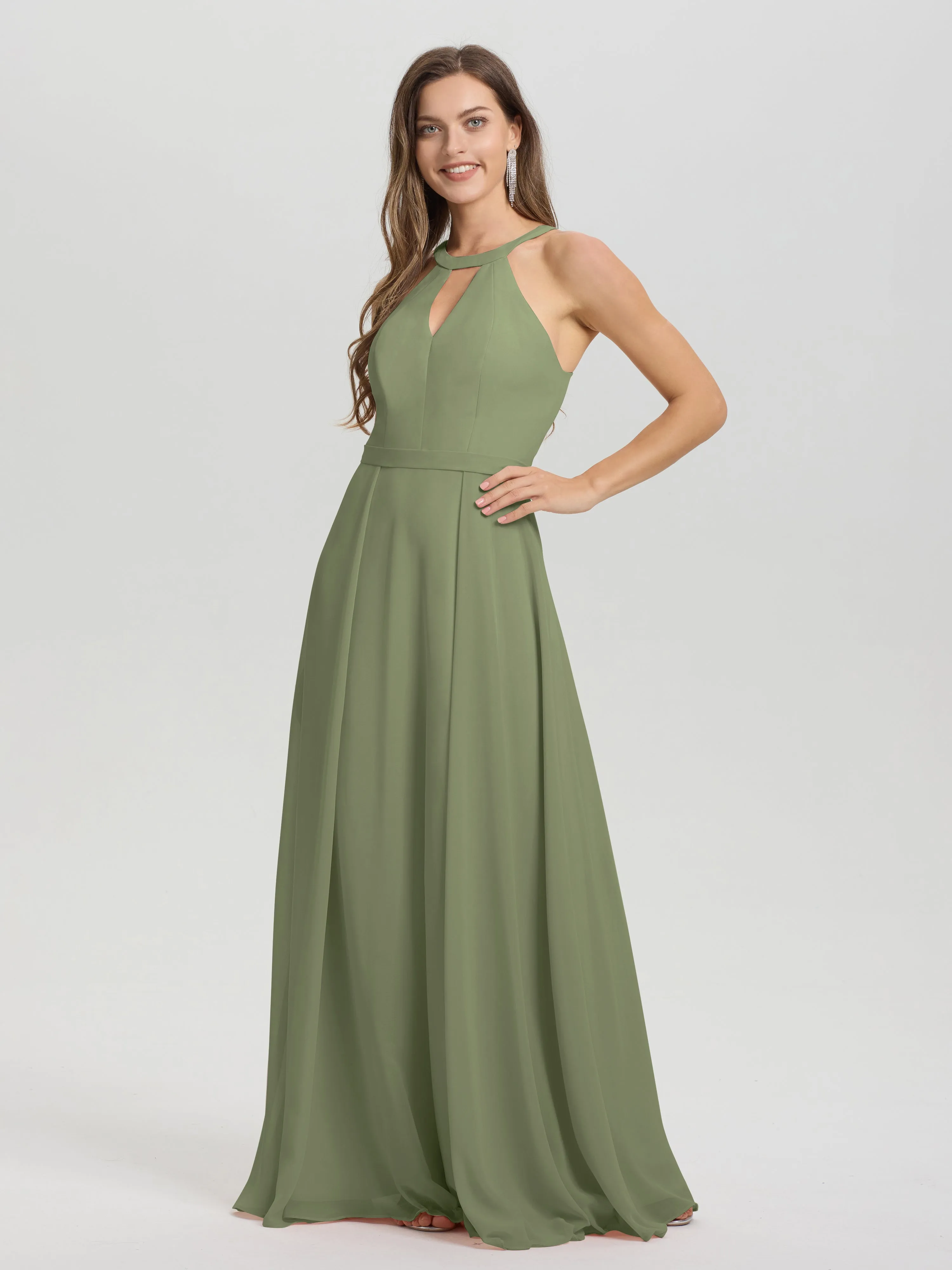 Hater A-Line Key Hole Sleeveless Floor Length Chiffon Bridesmaid Dress