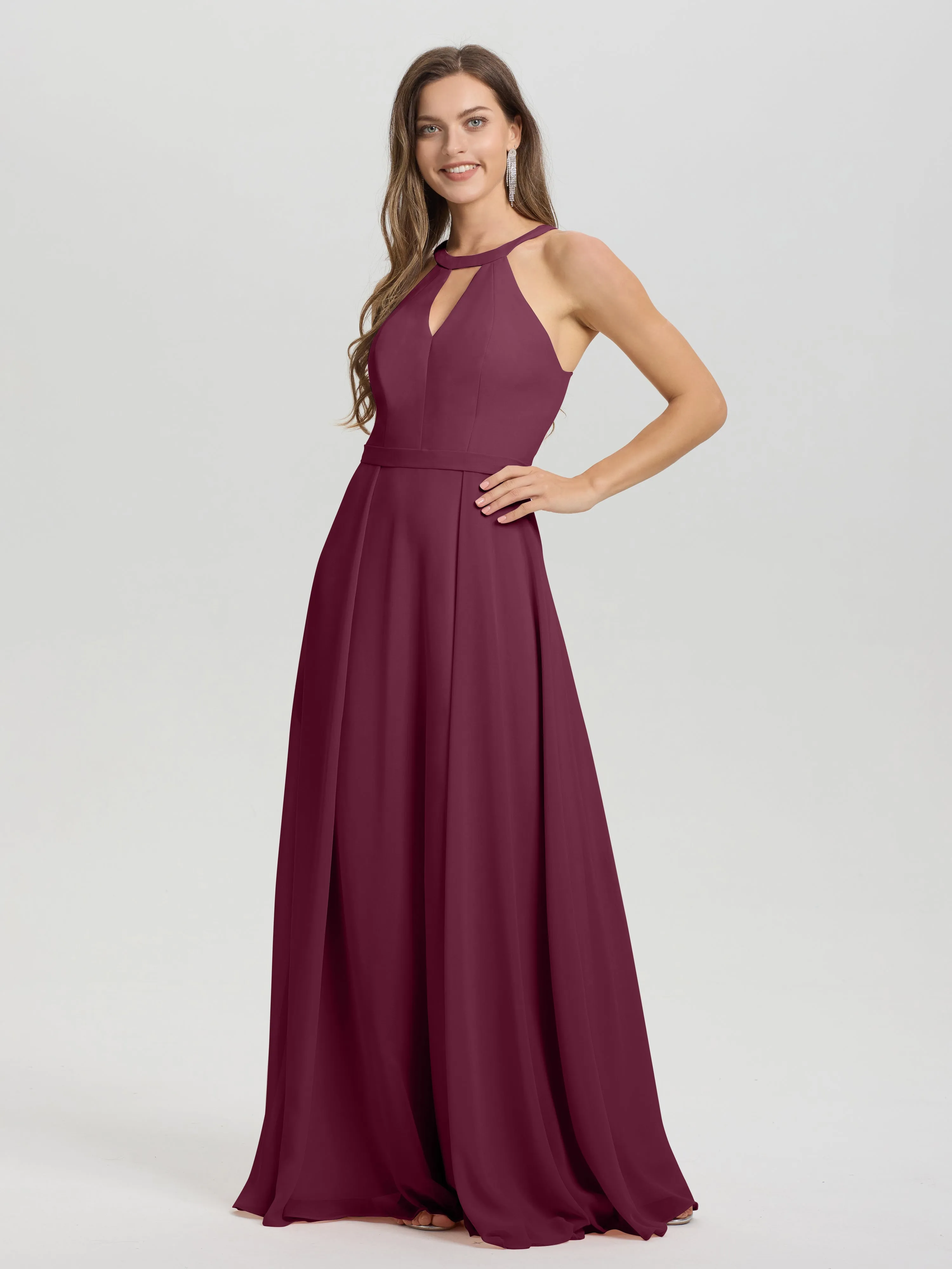 Hater A-Line Key Hole Sleeveless Floor Length Chiffon Bridesmaid Dress