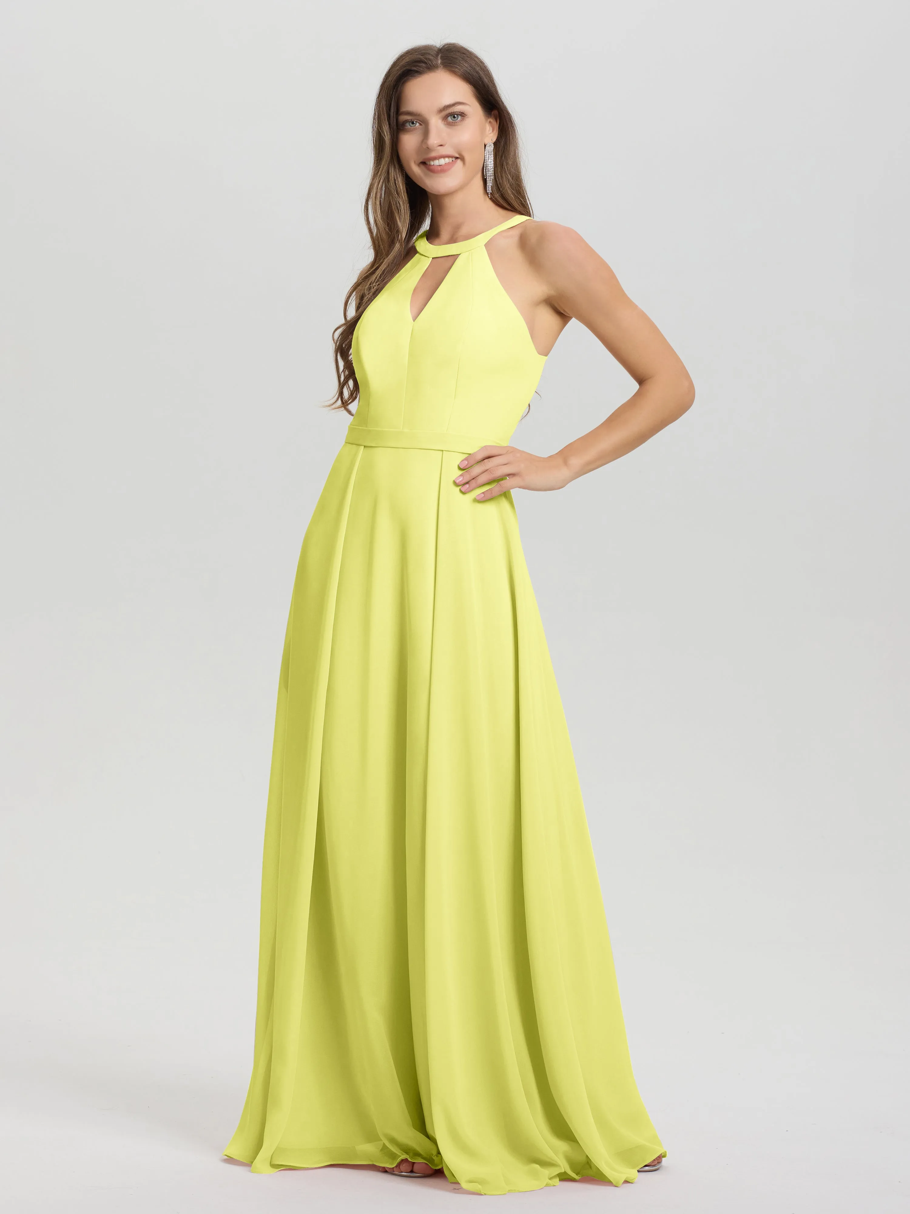 Hater A-Line Key Hole Sleeveless Floor Length Chiffon Bridesmaid Dress