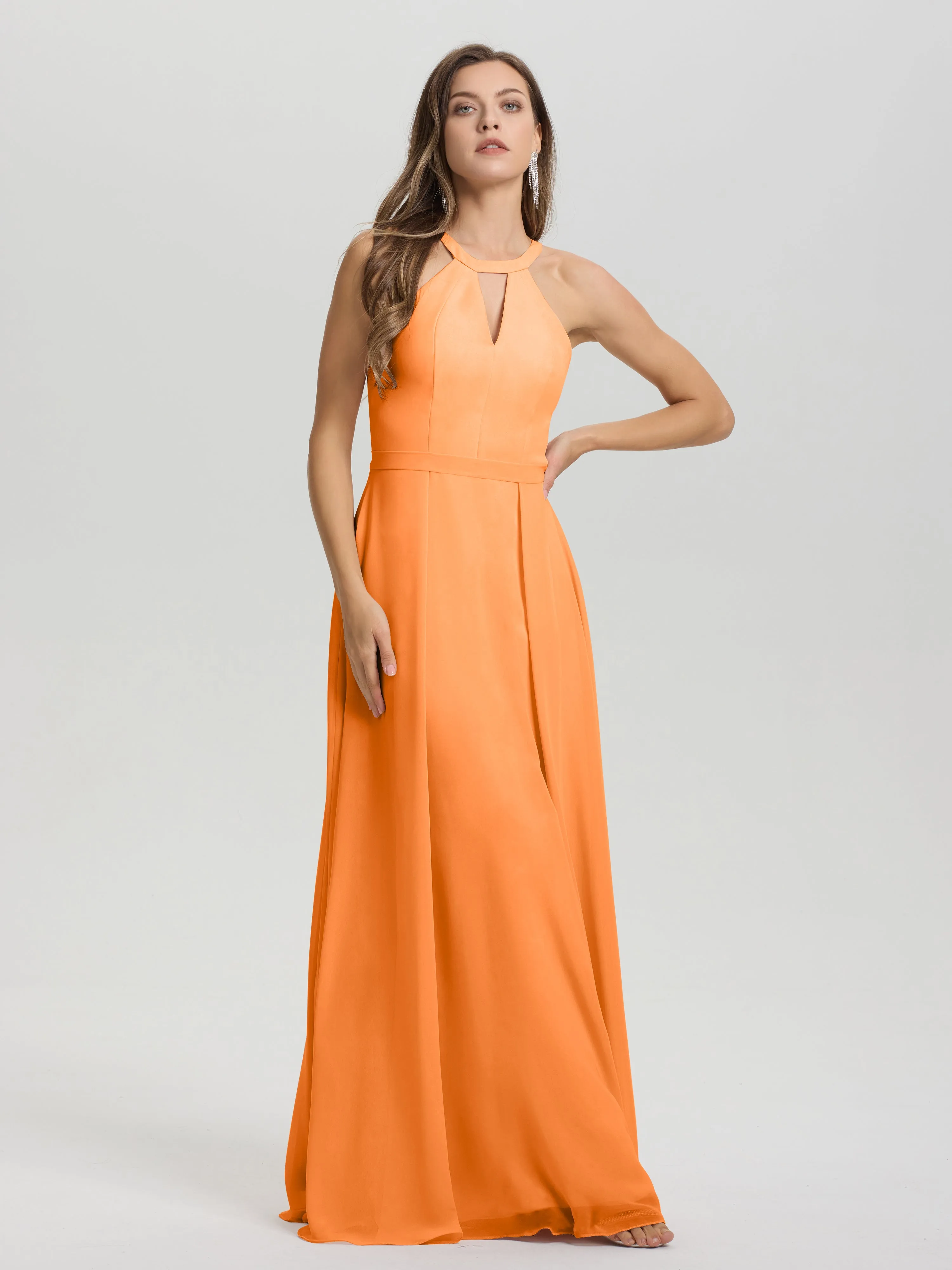 Hater A-Line Key Hole Sleeveless Floor Length Chiffon Bridesmaid Dress