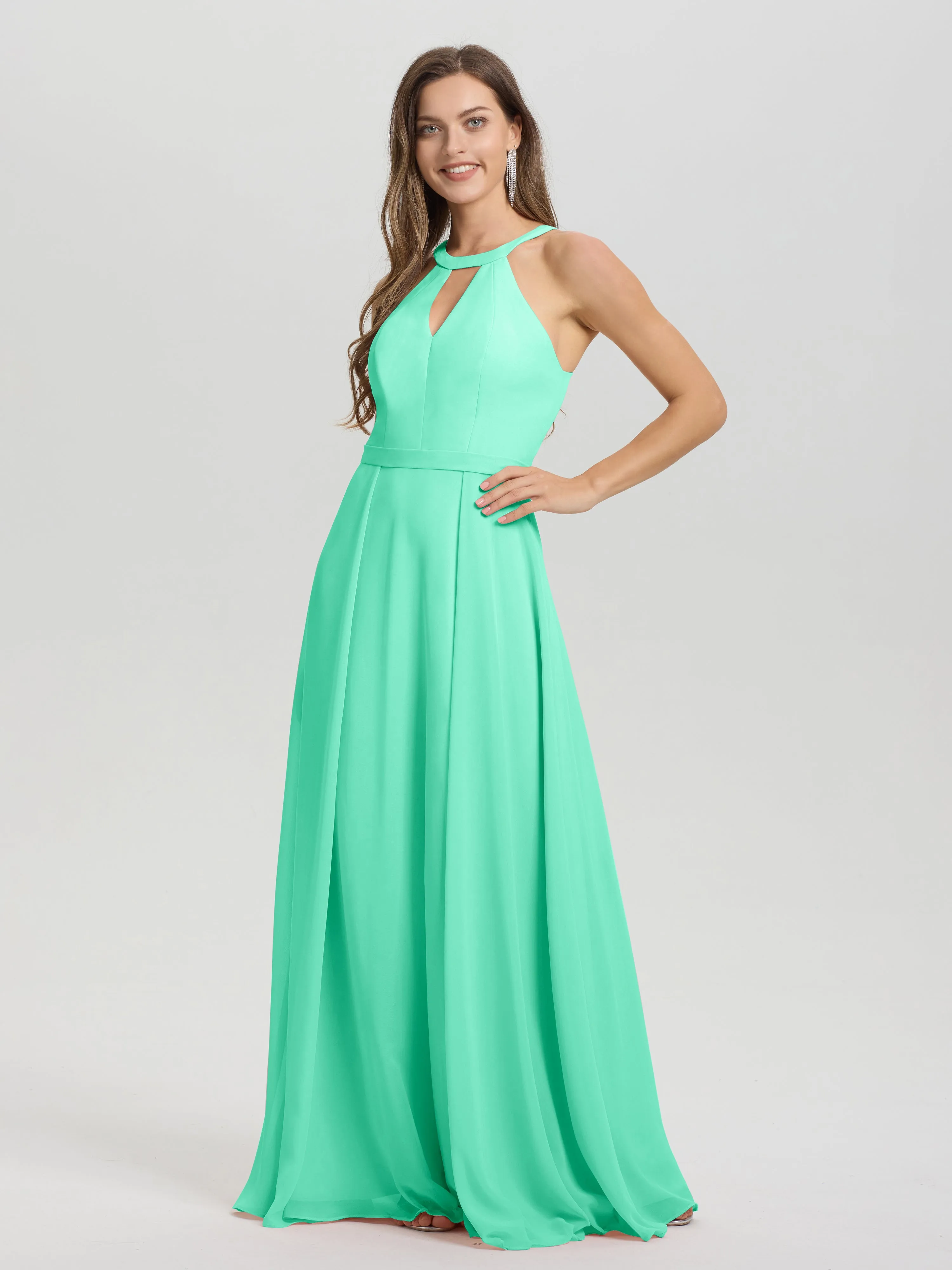 Hater A-Line Key Hole Sleeveless Floor Length Chiffon Bridesmaid Dress