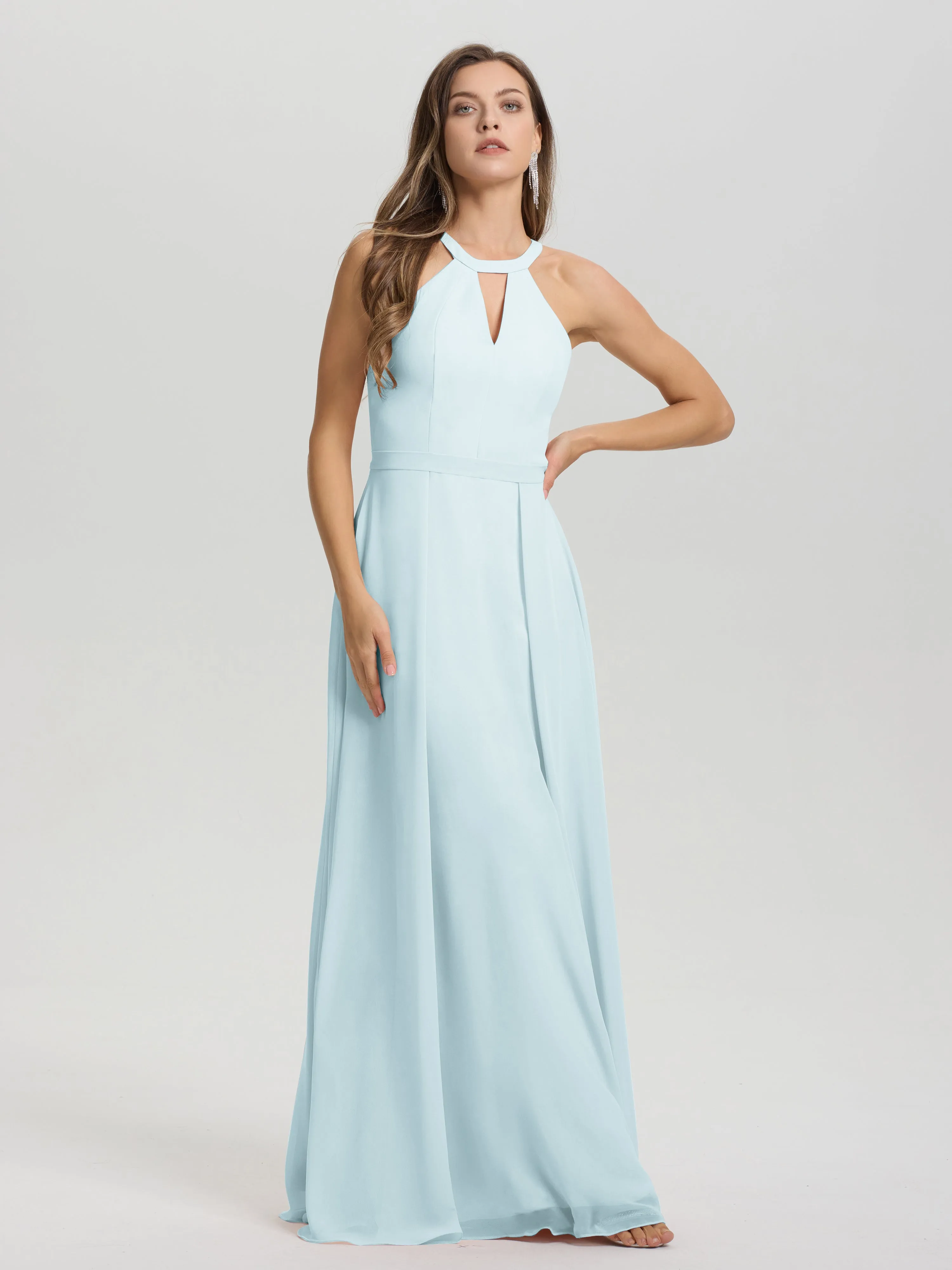 Hater A-Line Key Hole Sleeveless Floor Length Chiffon Bridesmaid Dress