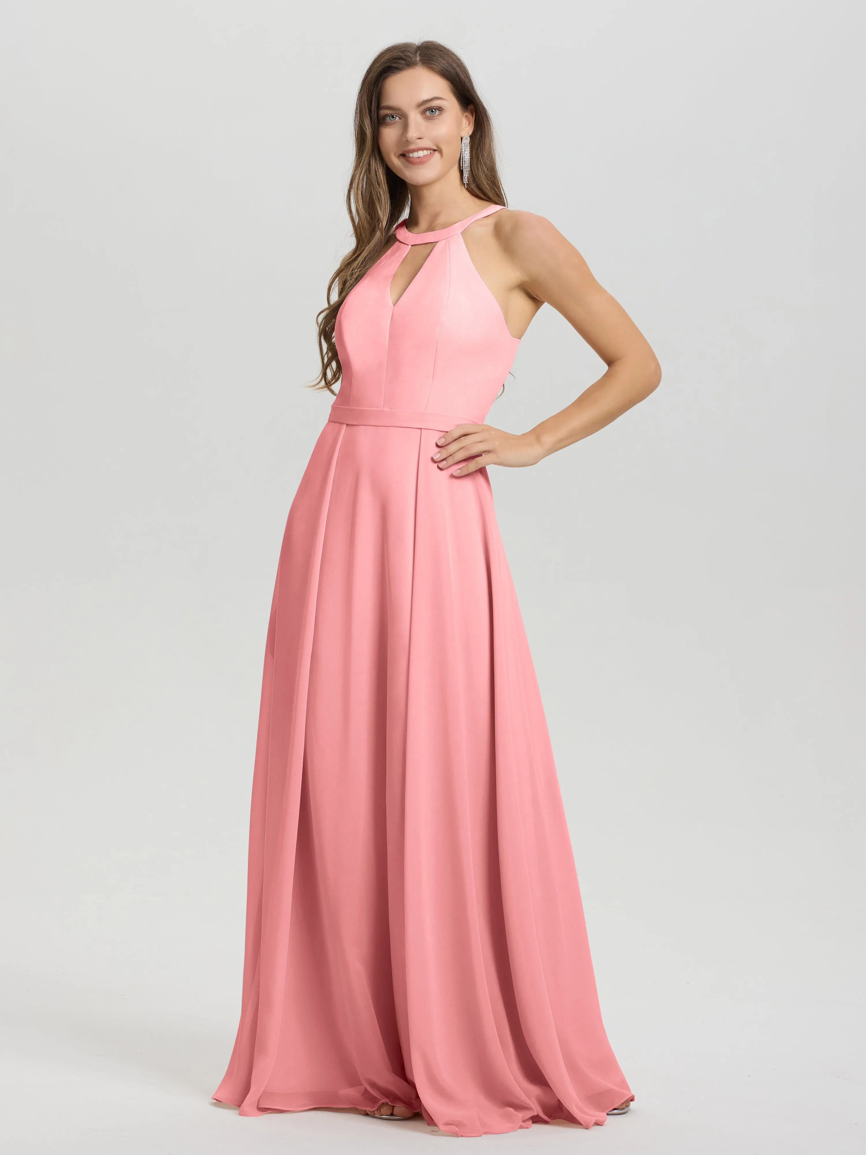 Hater A-Line Key Hole Sleeveless Floor Length Chiffon Bridesmaid Dress