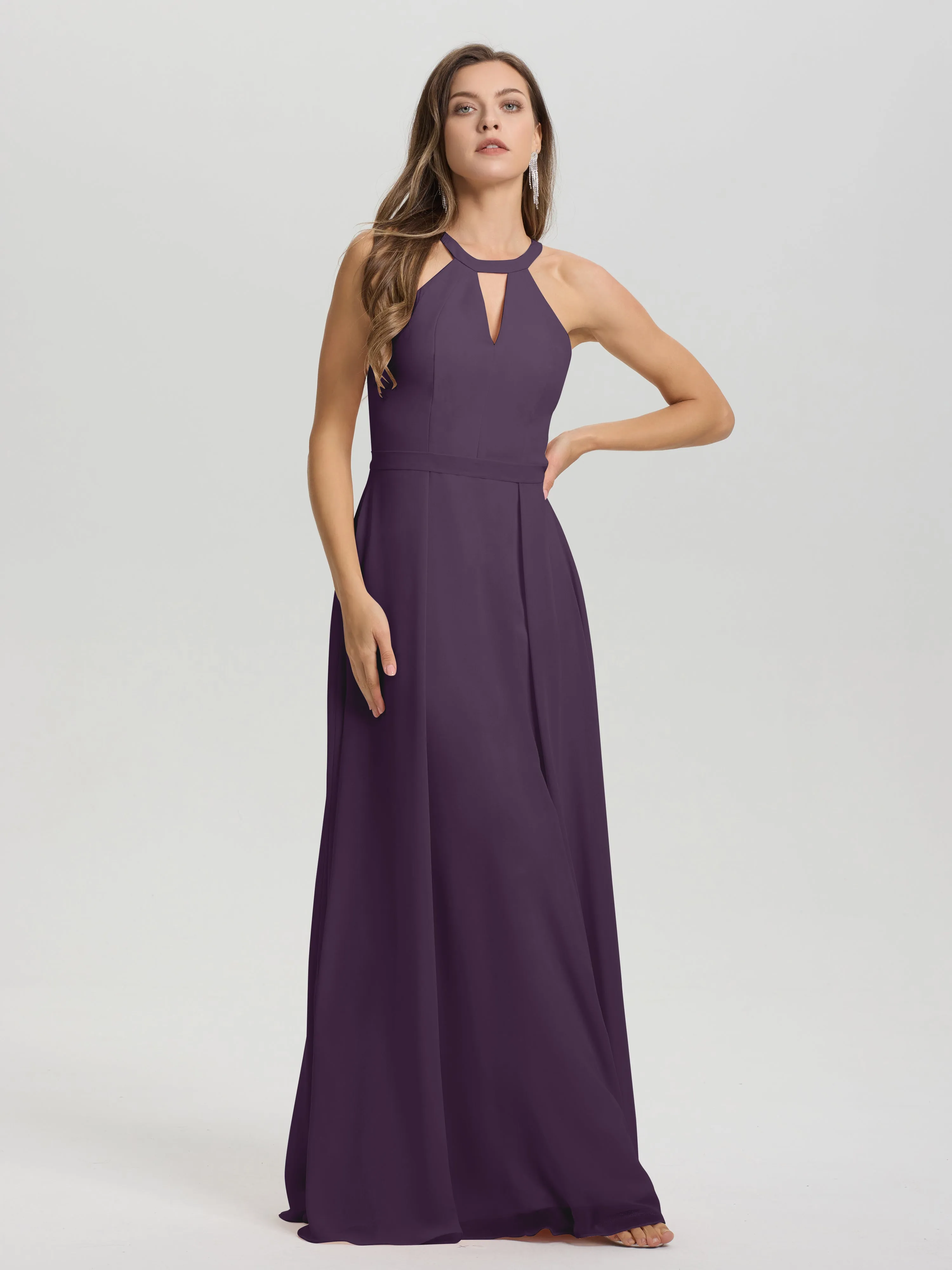 Hater A-Line Key Hole Sleeveless Floor Length Chiffon Bridesmaid Dress