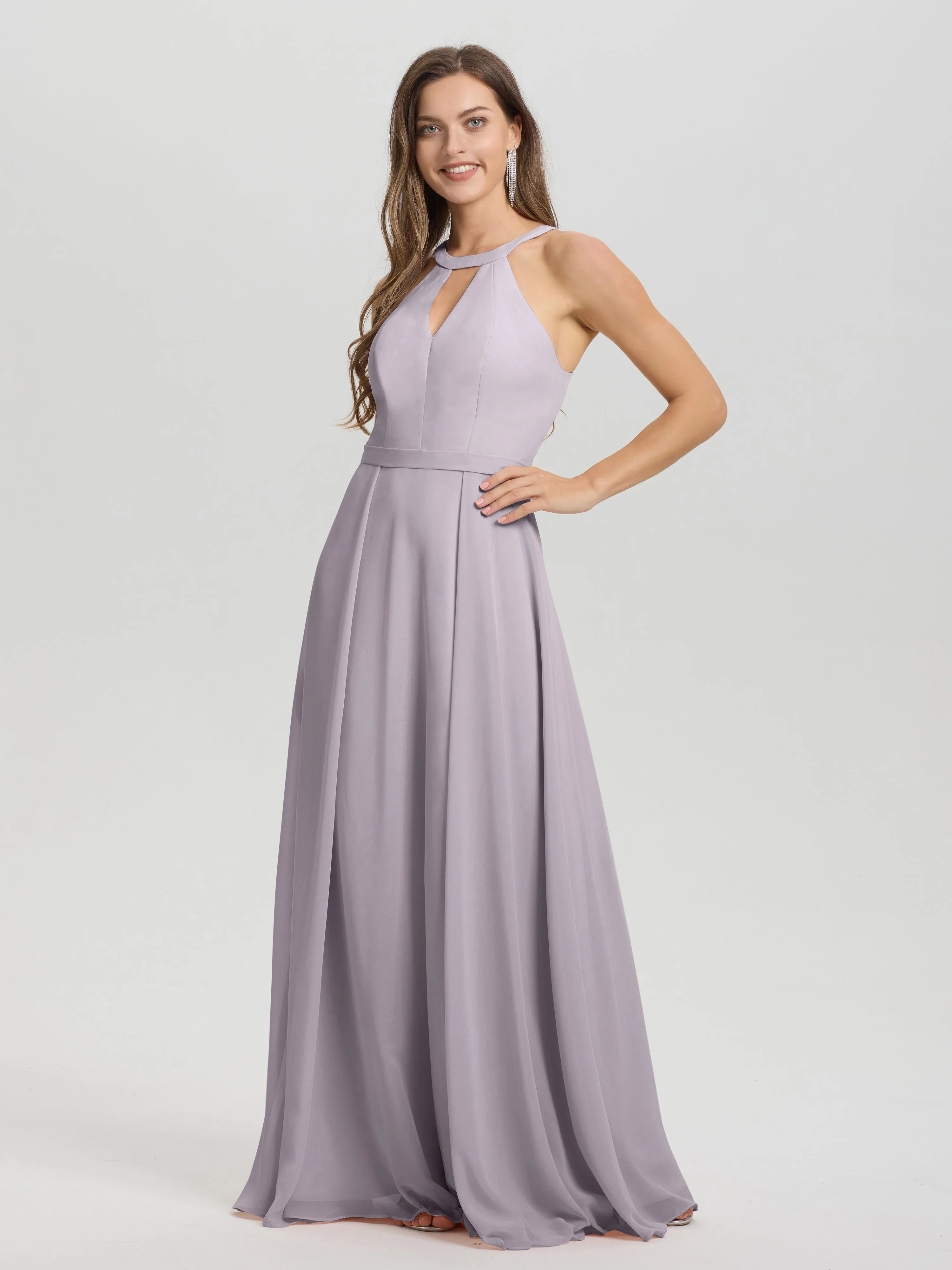 Hater A-Line Key Hole Sleeveless Floor Length Chiffon Bridesmaid Dress