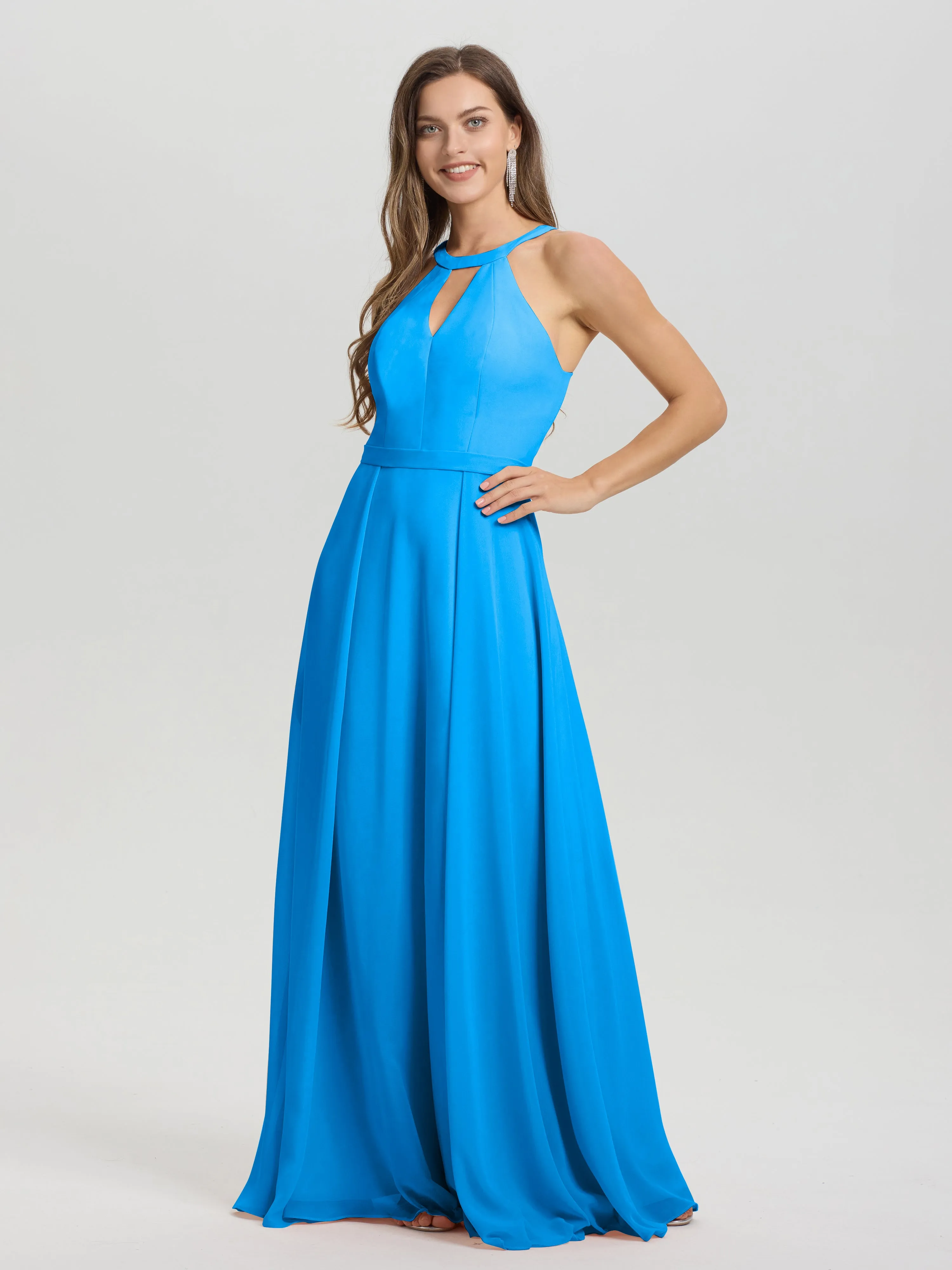 Hater A-Line Key Hole Sleeveless Floor Length Chiffon Bridesmaid Dress