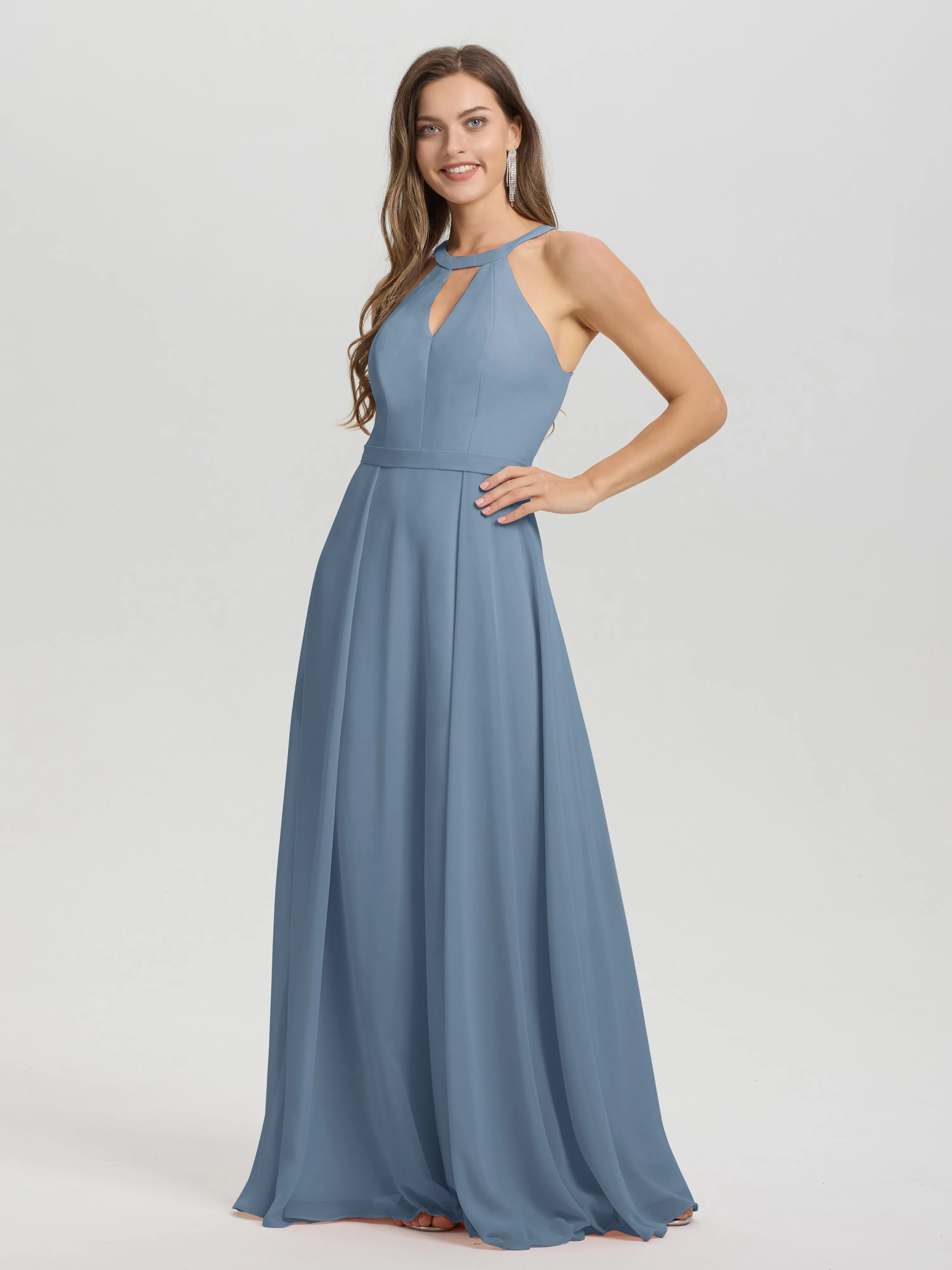 Hater A-Line Key Hole Sleeveless Floor Length Chiffon Bridesmaid Dress