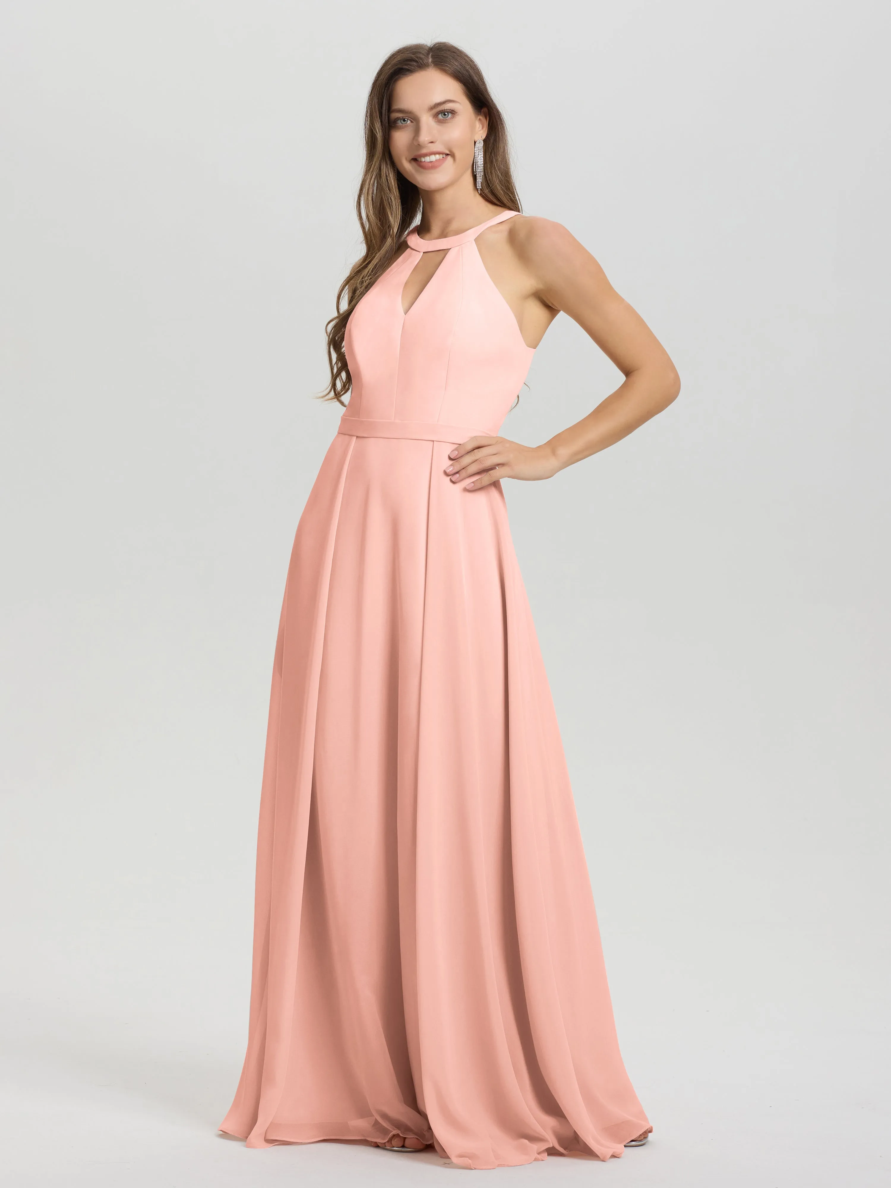 Hater A-Line Key Hole Sleeveless Floor Length Chiffon Bridesmaid Dress