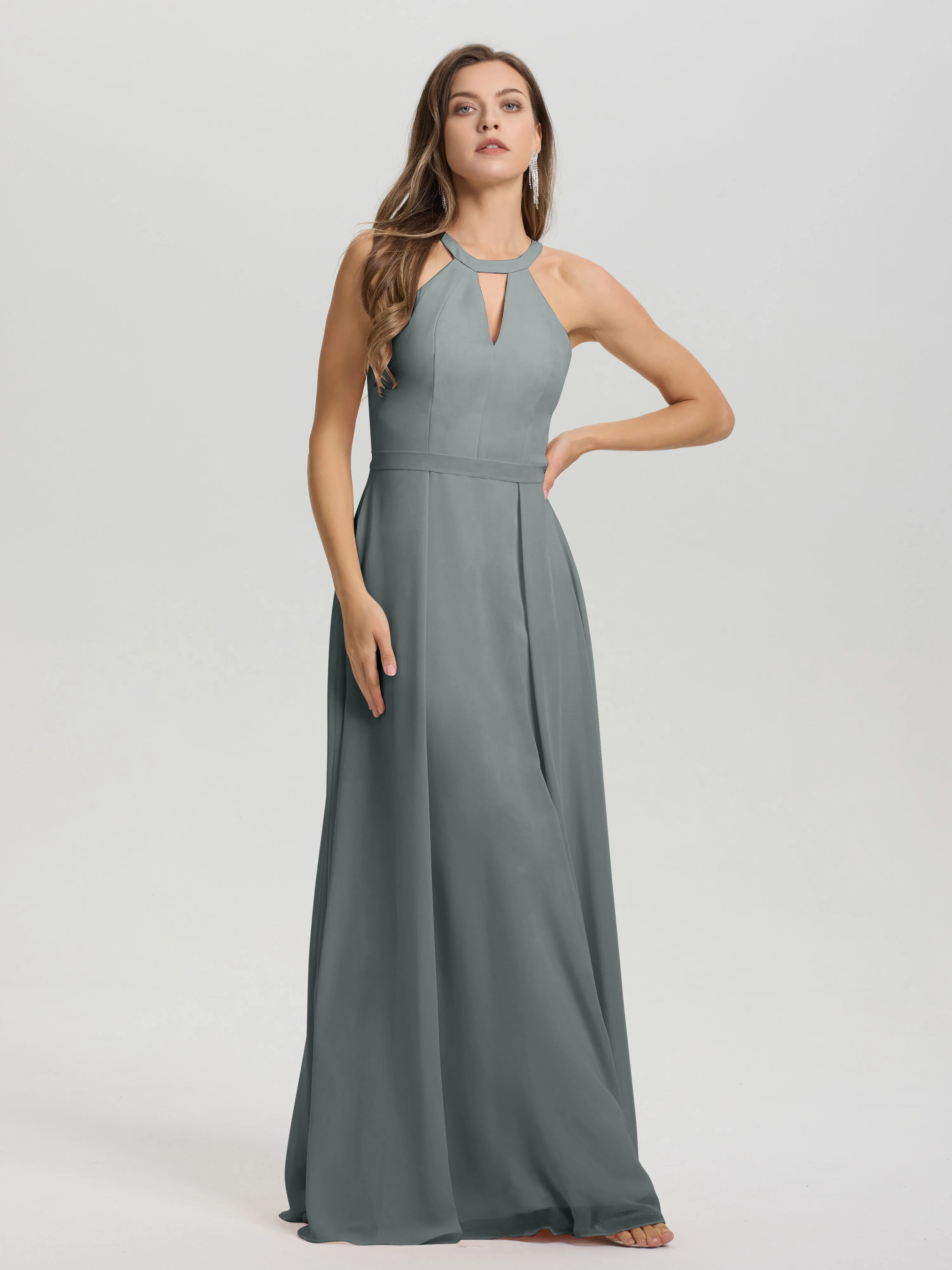 Hater A-Line Key Hole Sleeveless Floor Length Chiffon Bridesmaid Dress