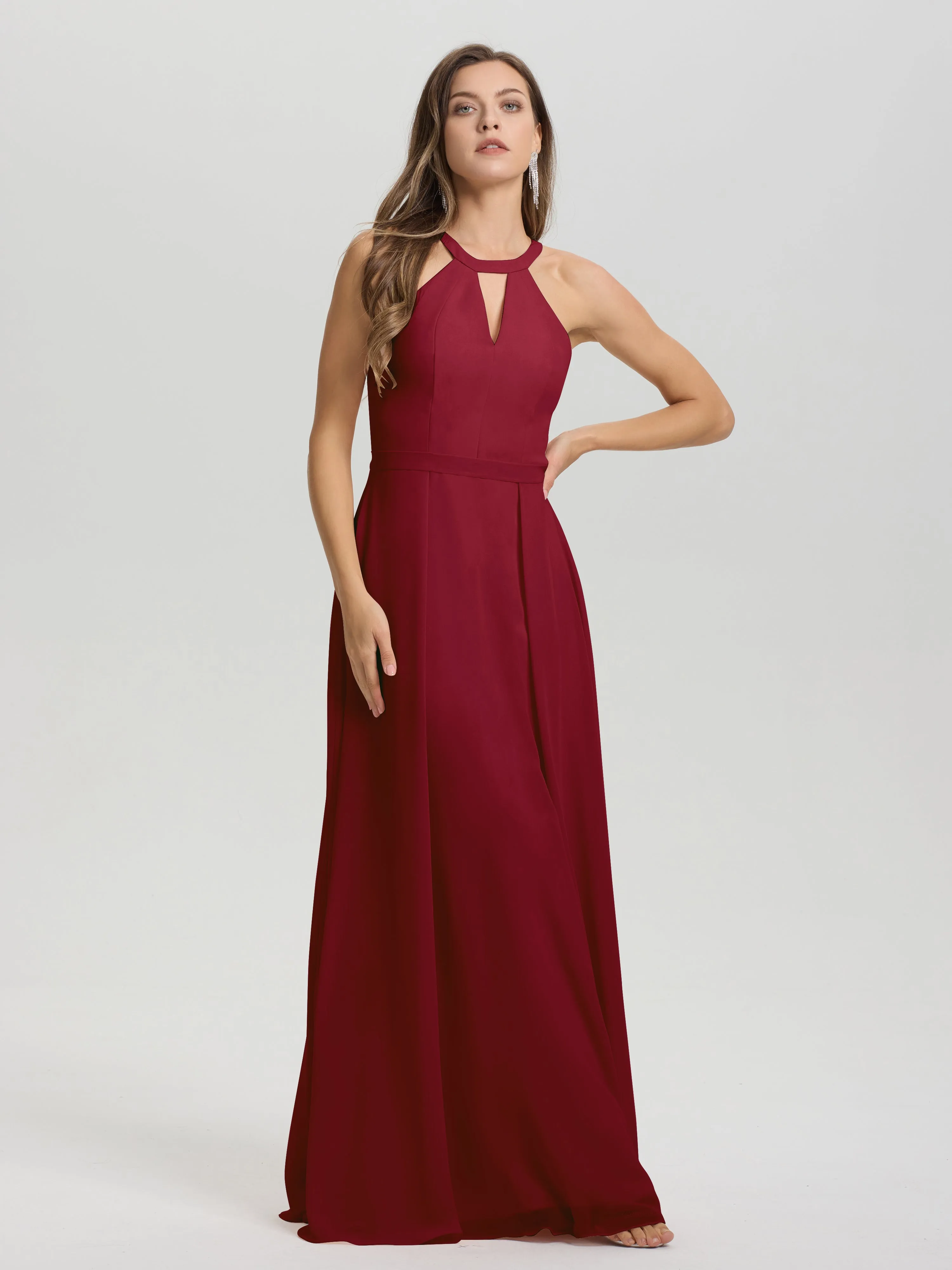 Hater A-Line Key Hole Sleeveless Floor Length Chiffon Bridesmaid Dress