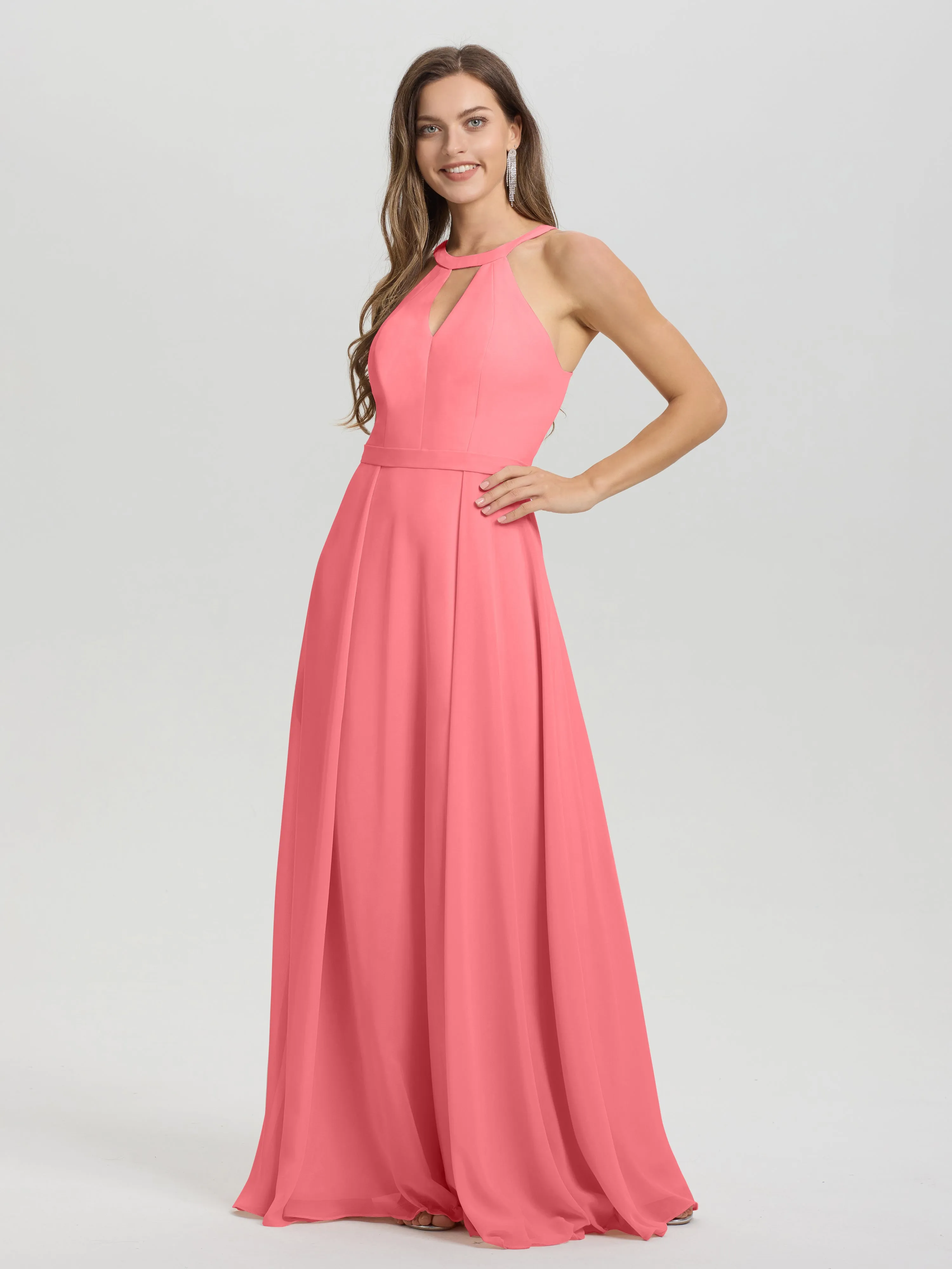 Hater A-Line Key Hole Sleeveless Floor Length Chiffon Bridesmaid Dress