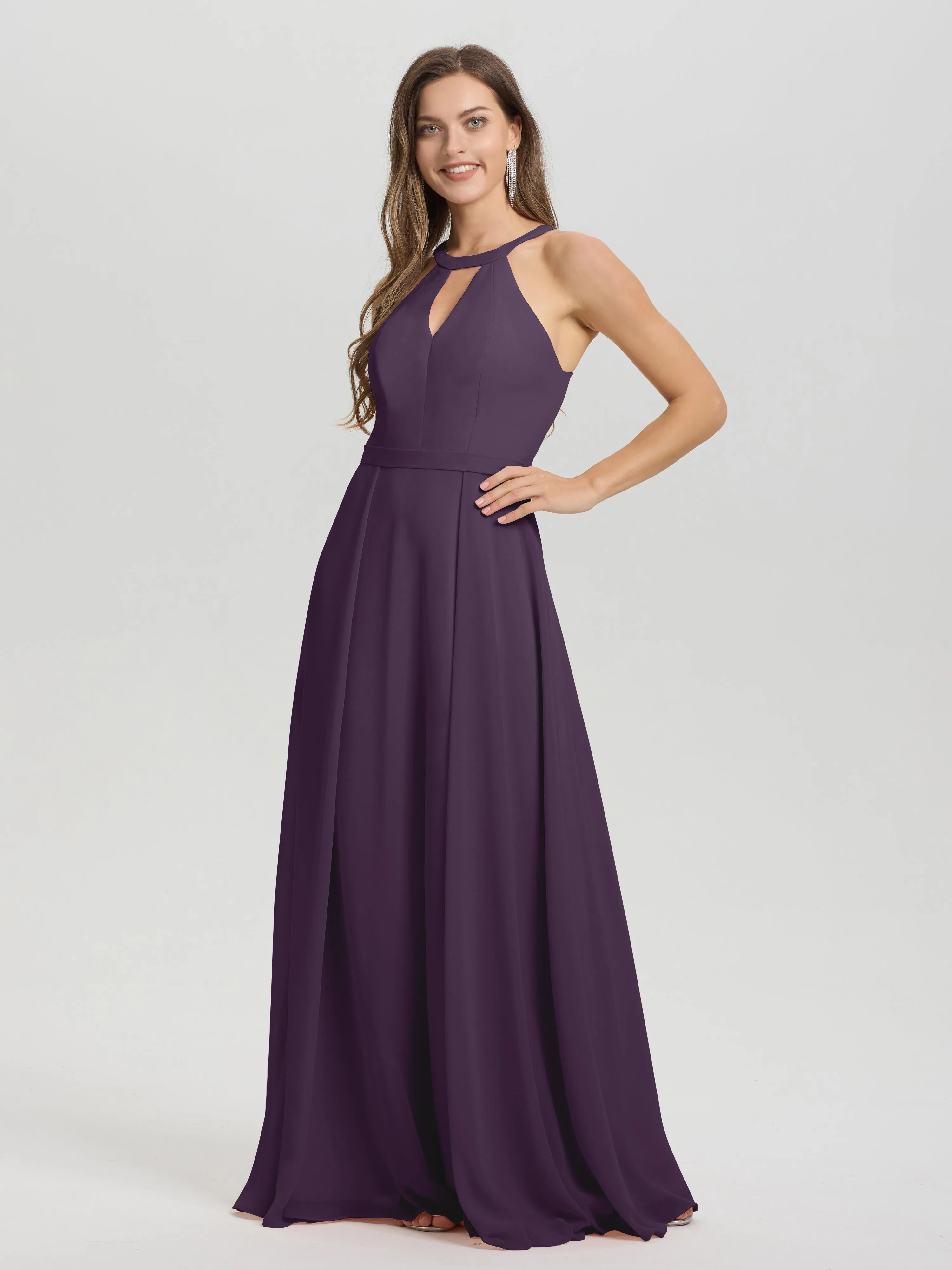 Hater A-Line Key Hole Sleeveless Floor Length Chiffon Bridesmaid Dress