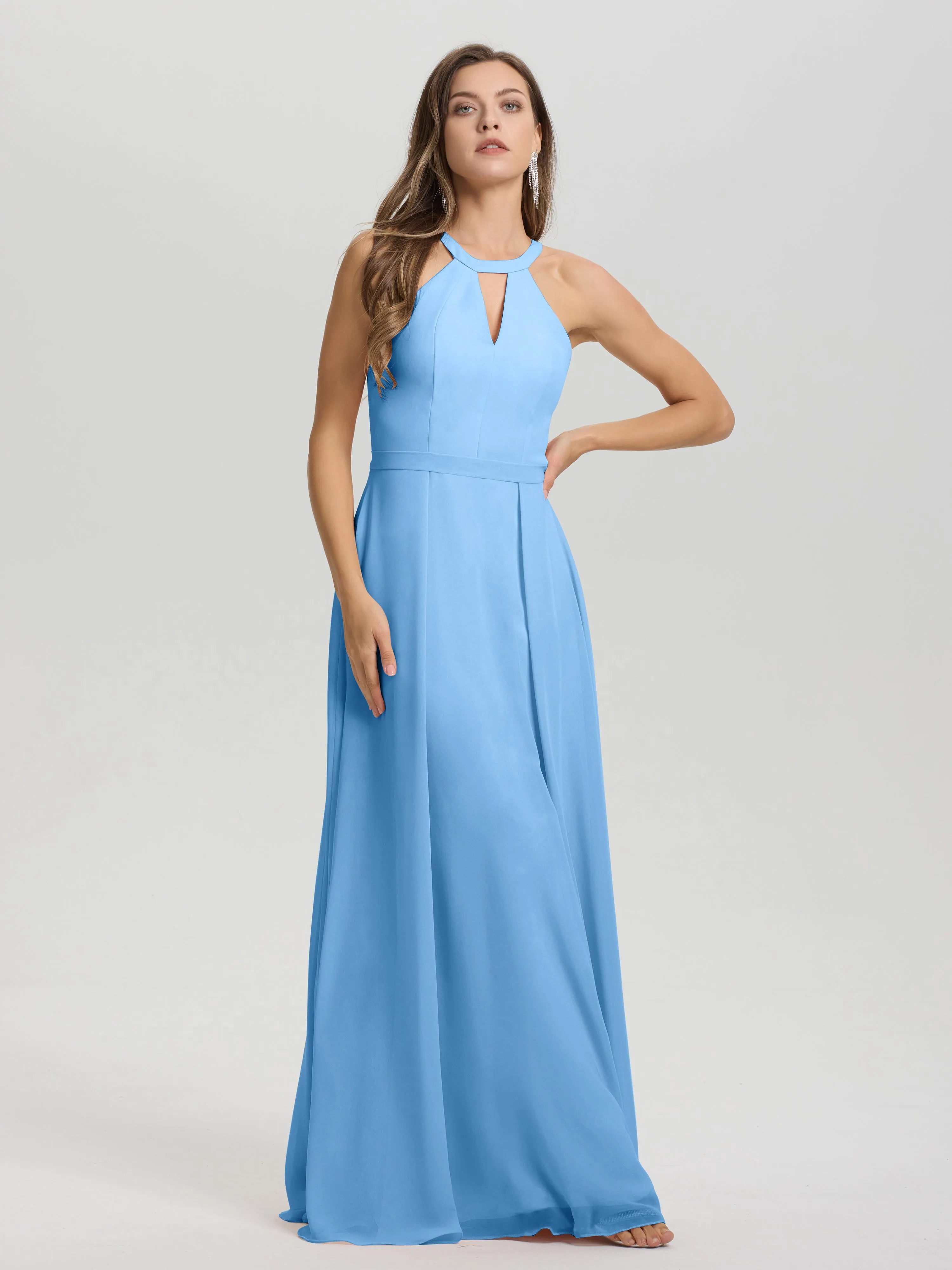 Hater A-Line Key Hole Sleeveless Floor Length Chiffon Bridesmaid Dress