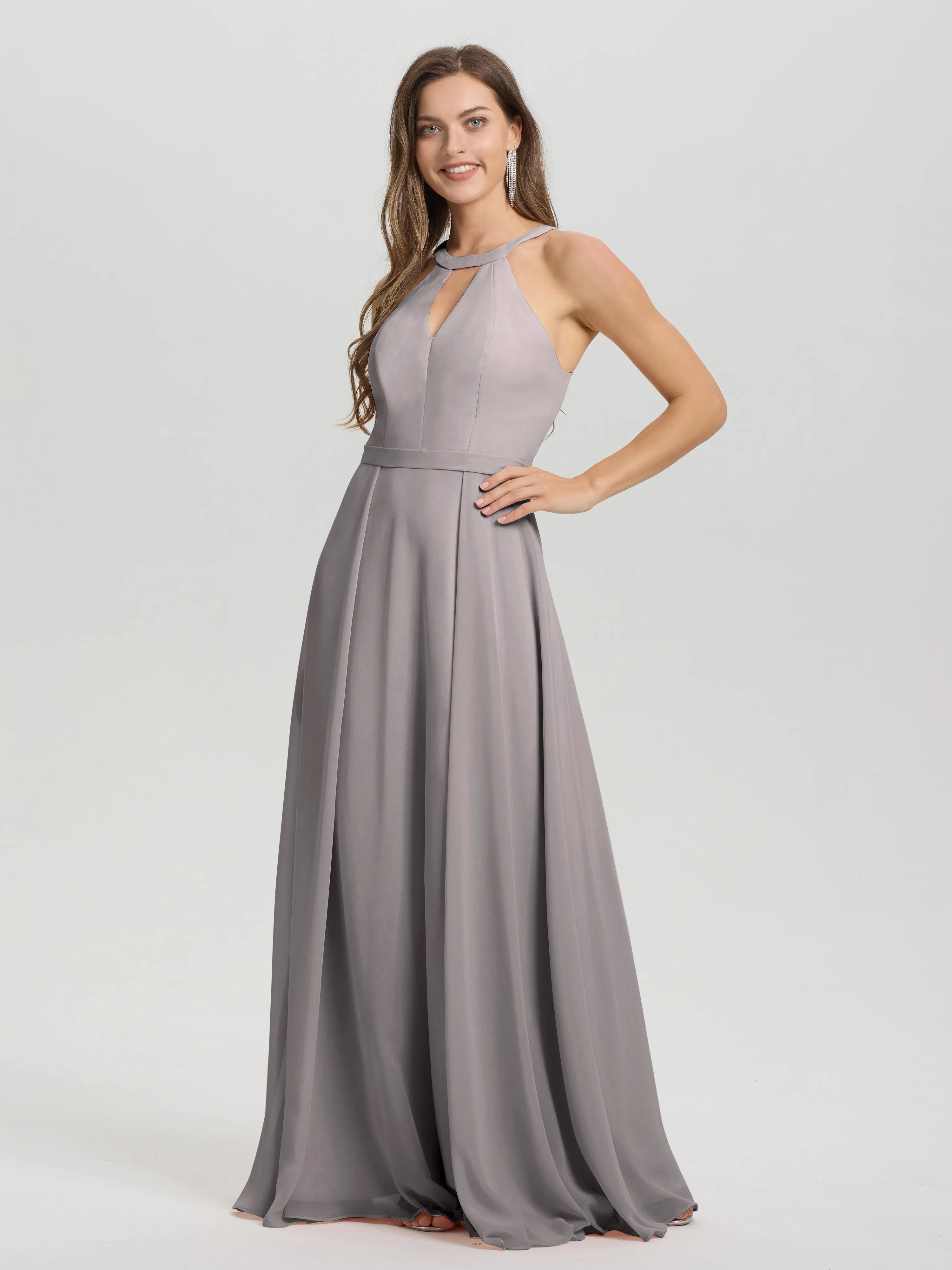 Hater A-Line Key Hole Sleeveless Floor Length Chiffon Bridesmaid Dress