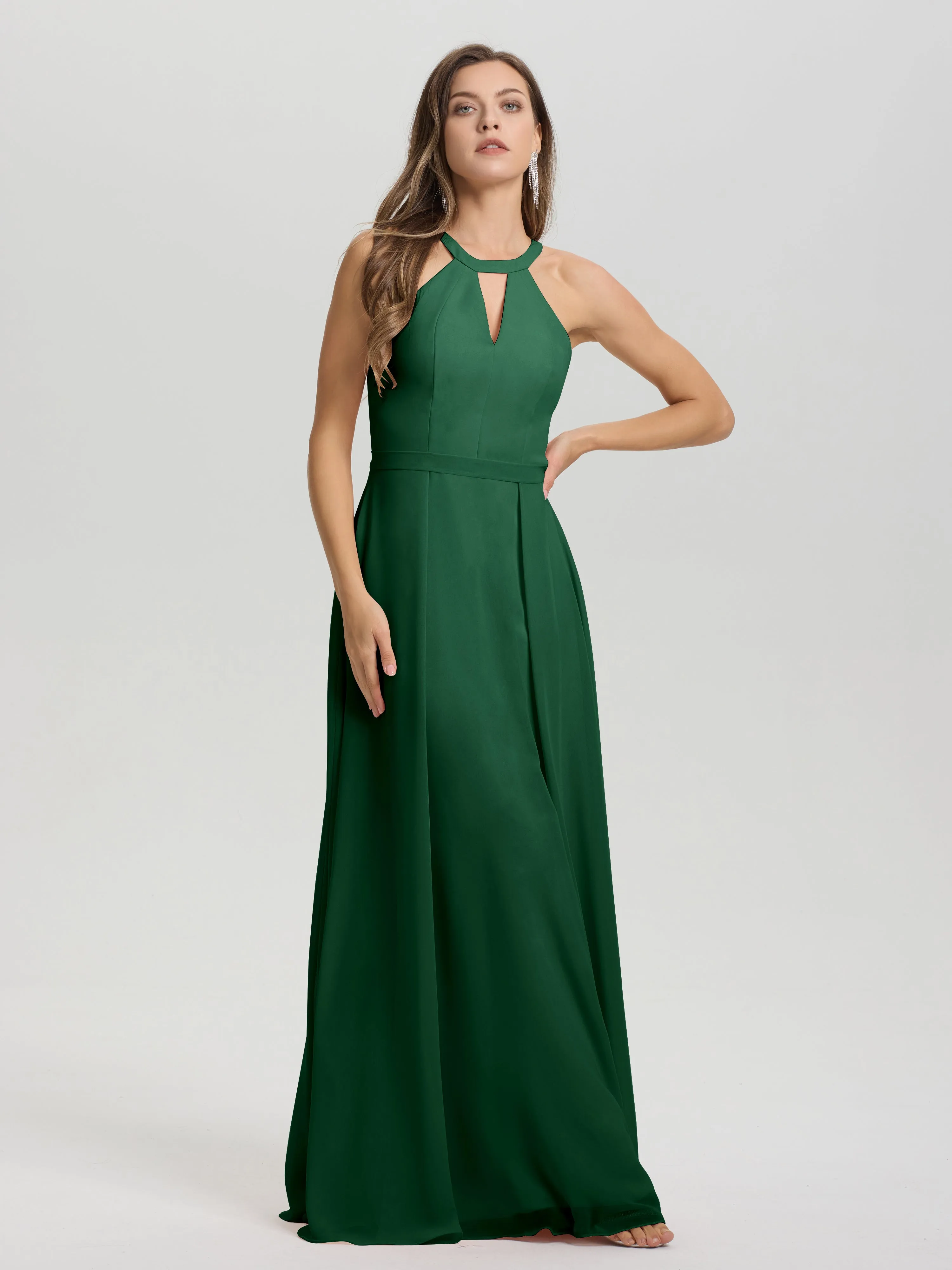 Hater A-Line Key Hole Sleeveless Floor Length Chiffon Bridesmaid Dress