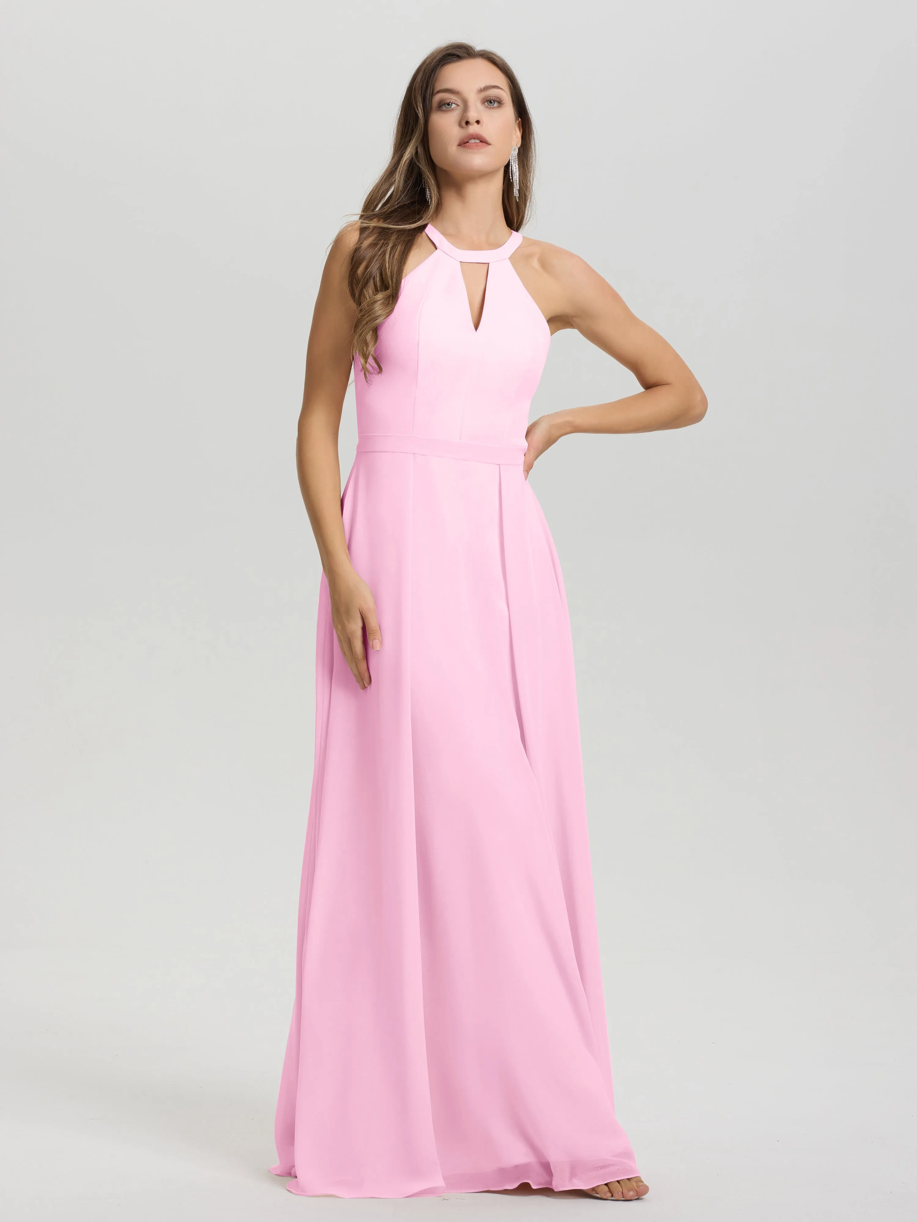 Hater A-Line Key Hole Sleeveless Floor Length Chiffon Bridesmaid Dress