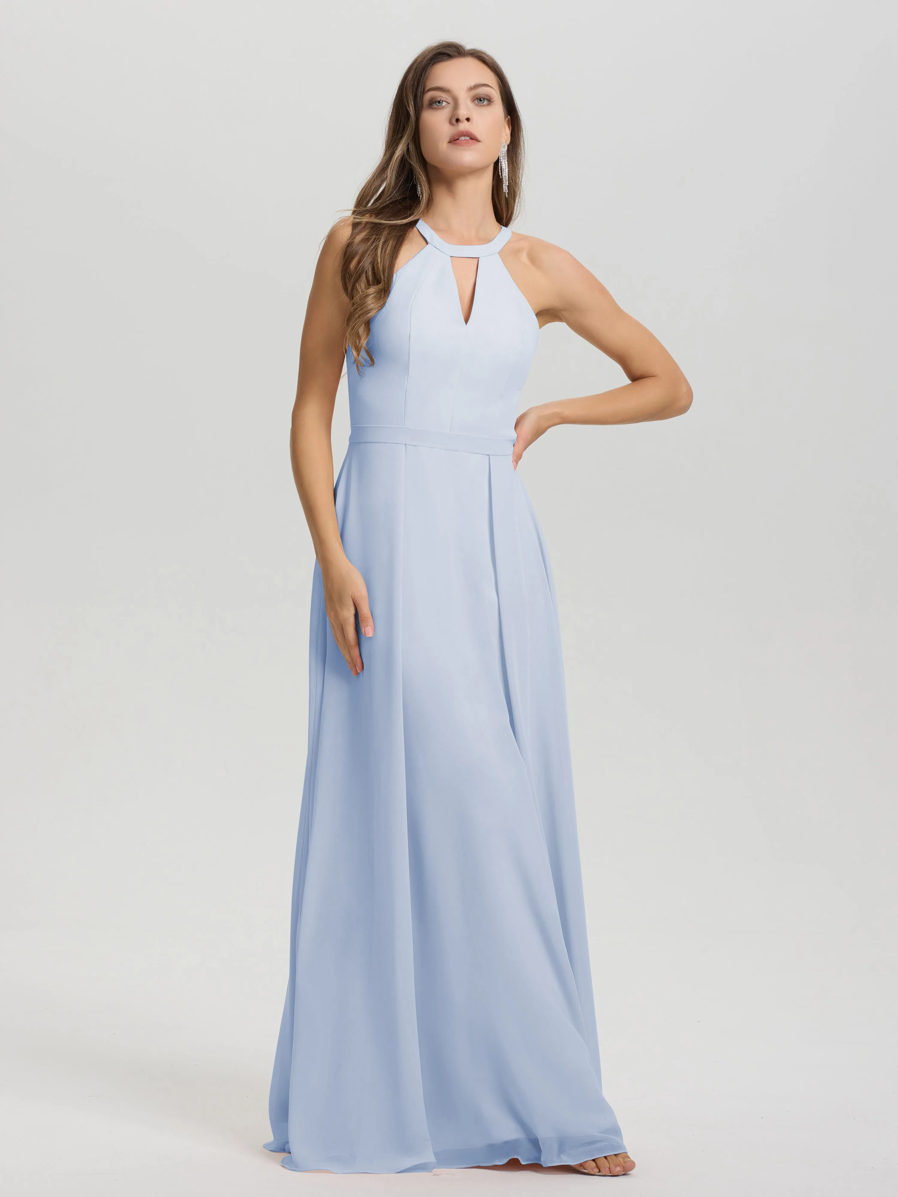 Hater A-Line Key Hole Sleeveless Floor Length Chiffon Bridesmaid Dress