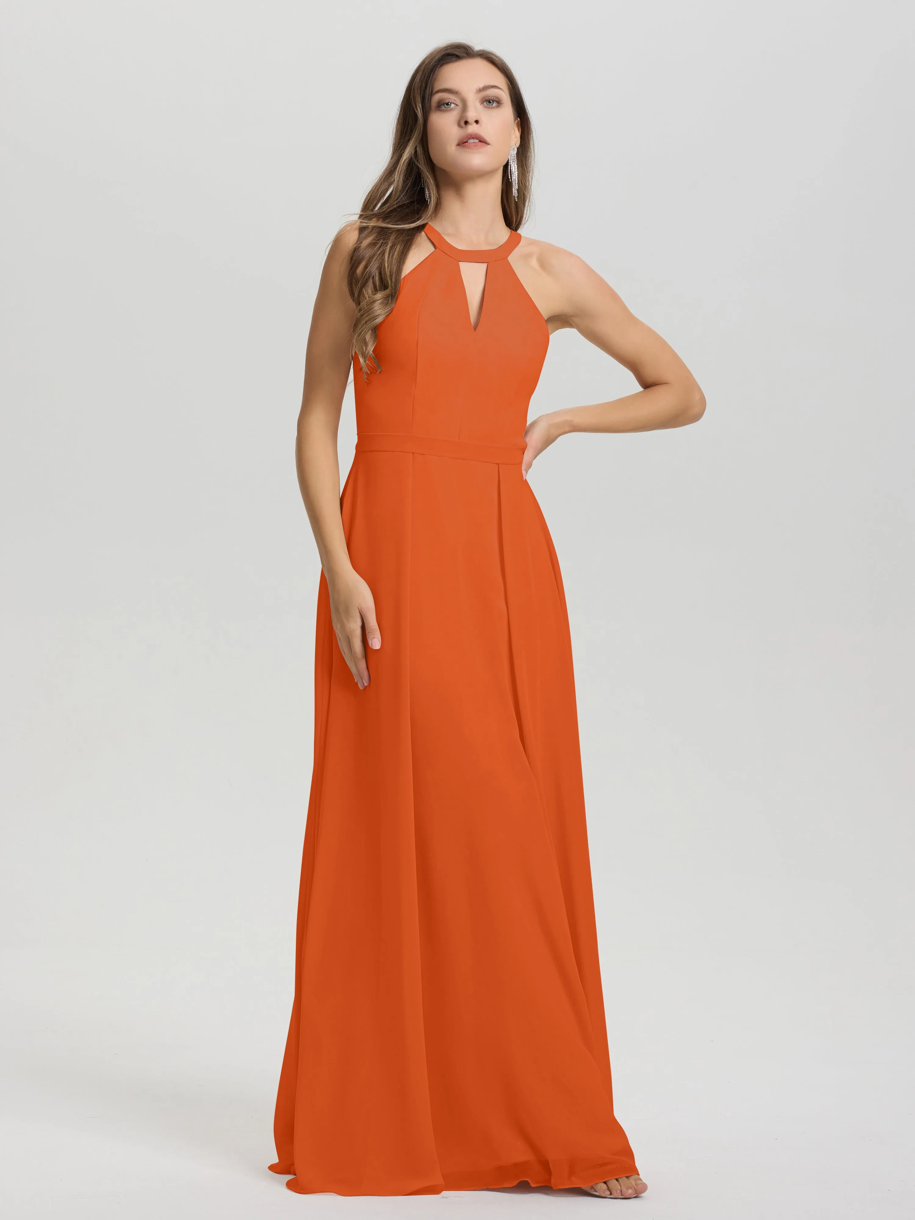 Hater A-Line Key Hole Sleeveless Floor Length Chiffon Bridesmaid Dress