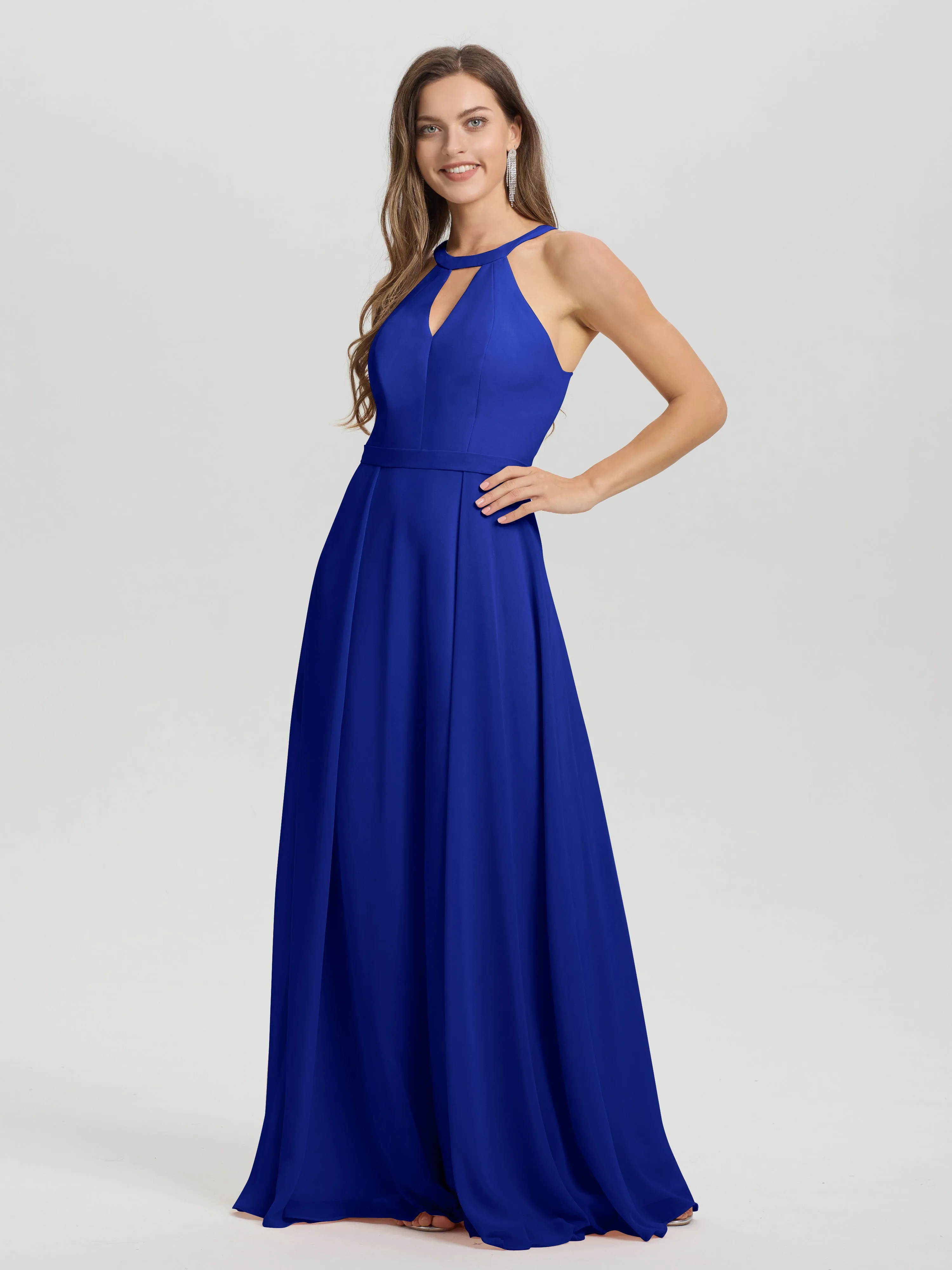 Hater A-Line Key Hole Sleeveless Floor Length Chiffon Bridesmaid Dress