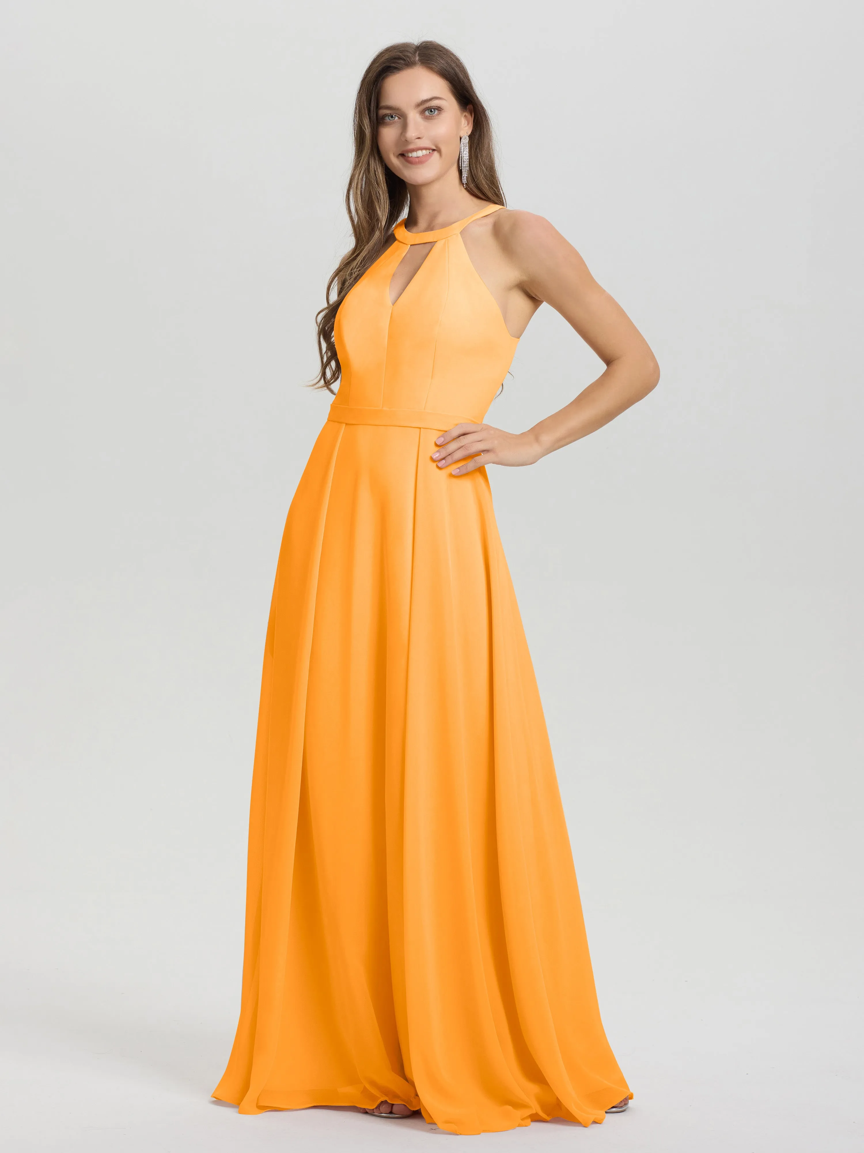 Hater A-Line Key Hole Sleeveless Floor Length Chiffon Bridesmaid Dress