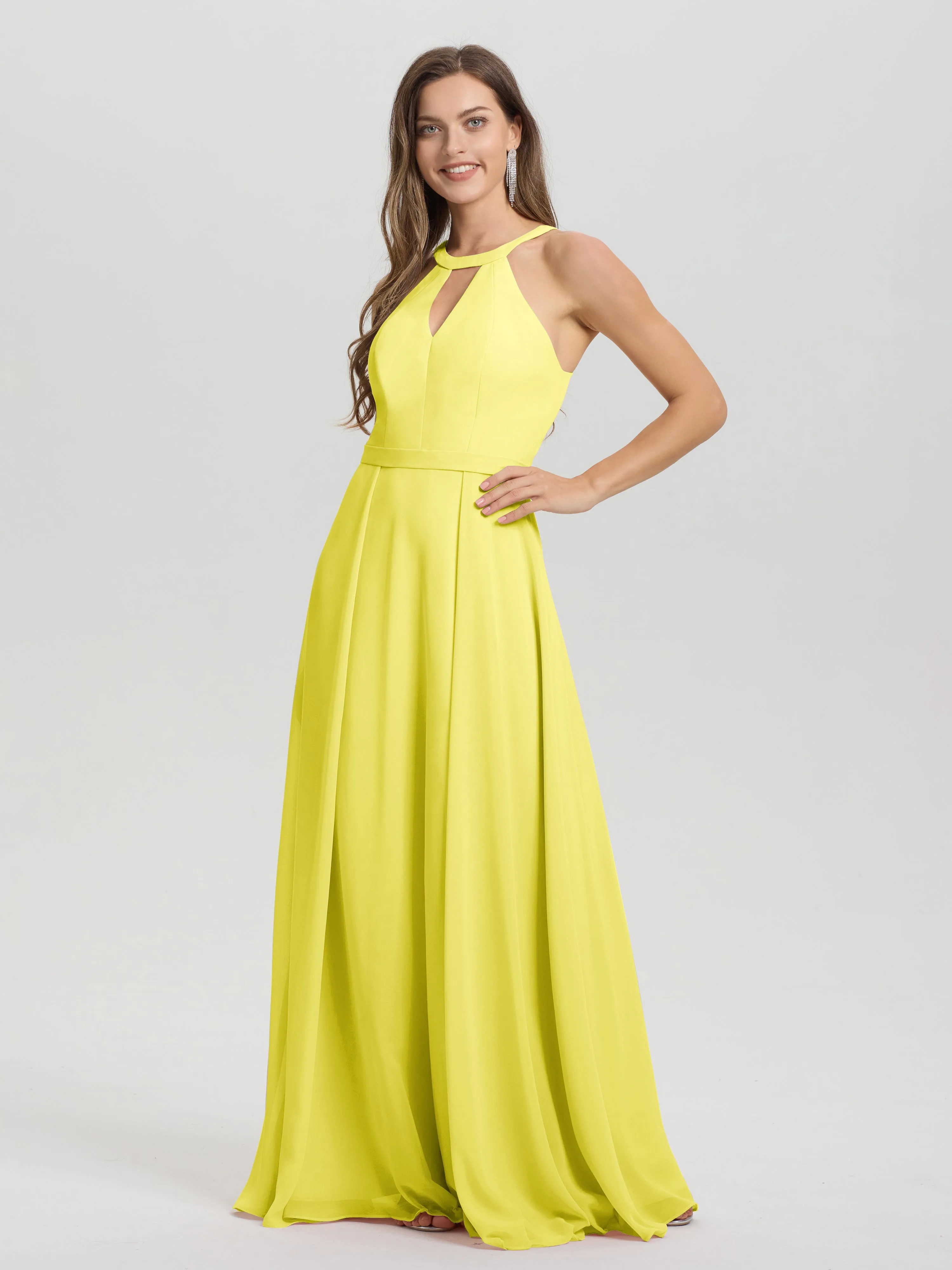 Hater A-Line Key Hole Sleeveless Floor Length Chiffon Bridesmaid Dress