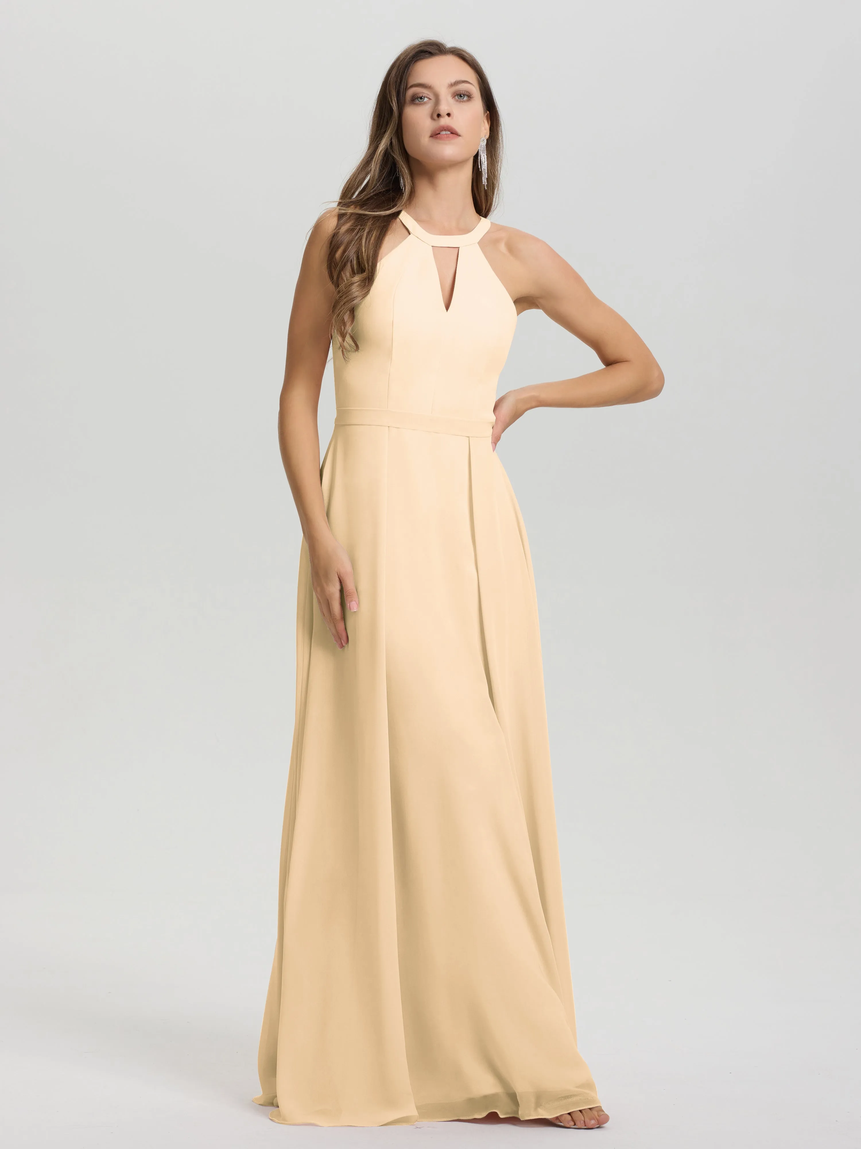 Hater A-Line Key Hole Sleeveless Floor Length Chiffon Bridesmaid Dress