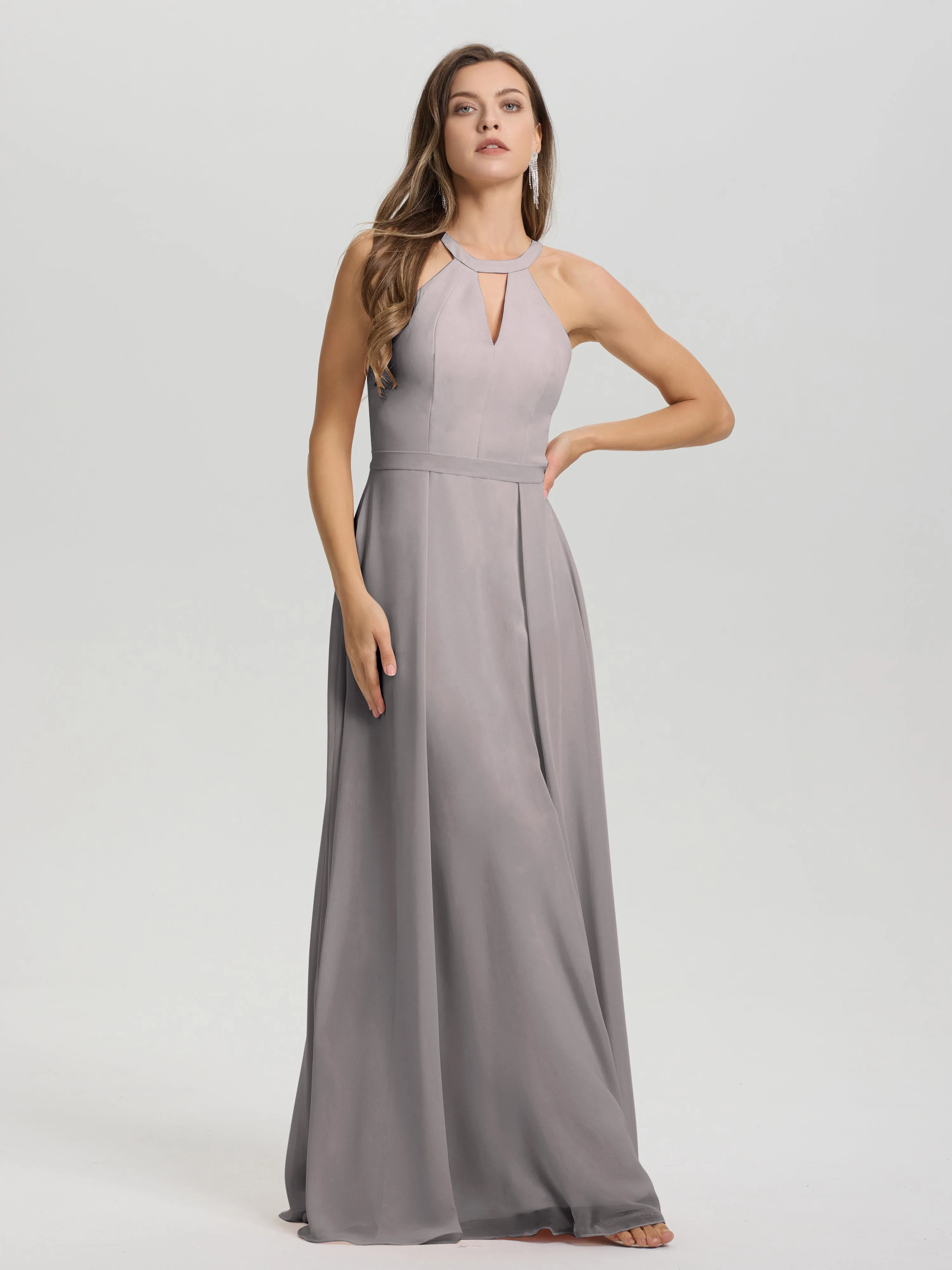 Hater A-Line Key Hole Sleeveless Floor Length Chiffon Bridesmaid Dress