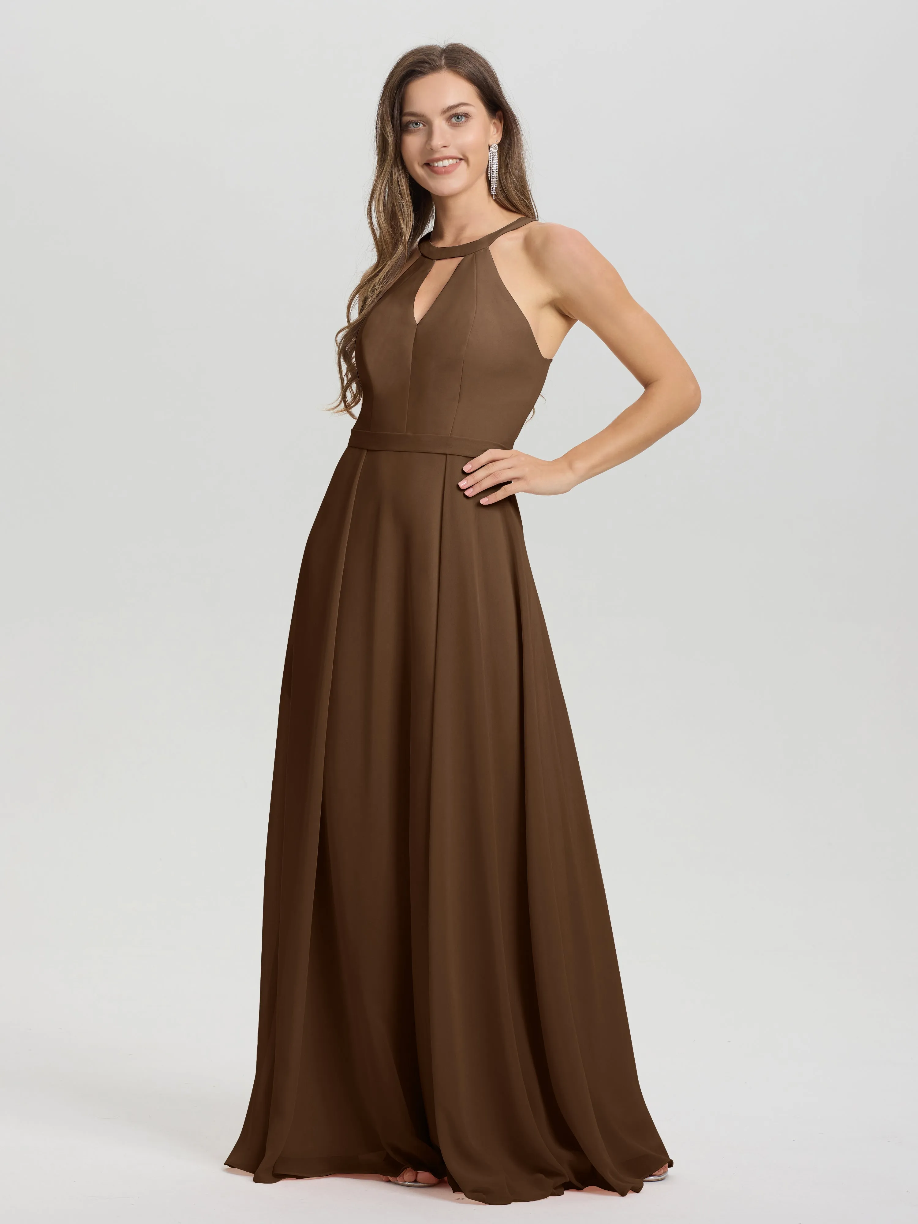 Hater A-Line Key Hole Sleeveless Floor Length Chiffon Bridesmaid Dress