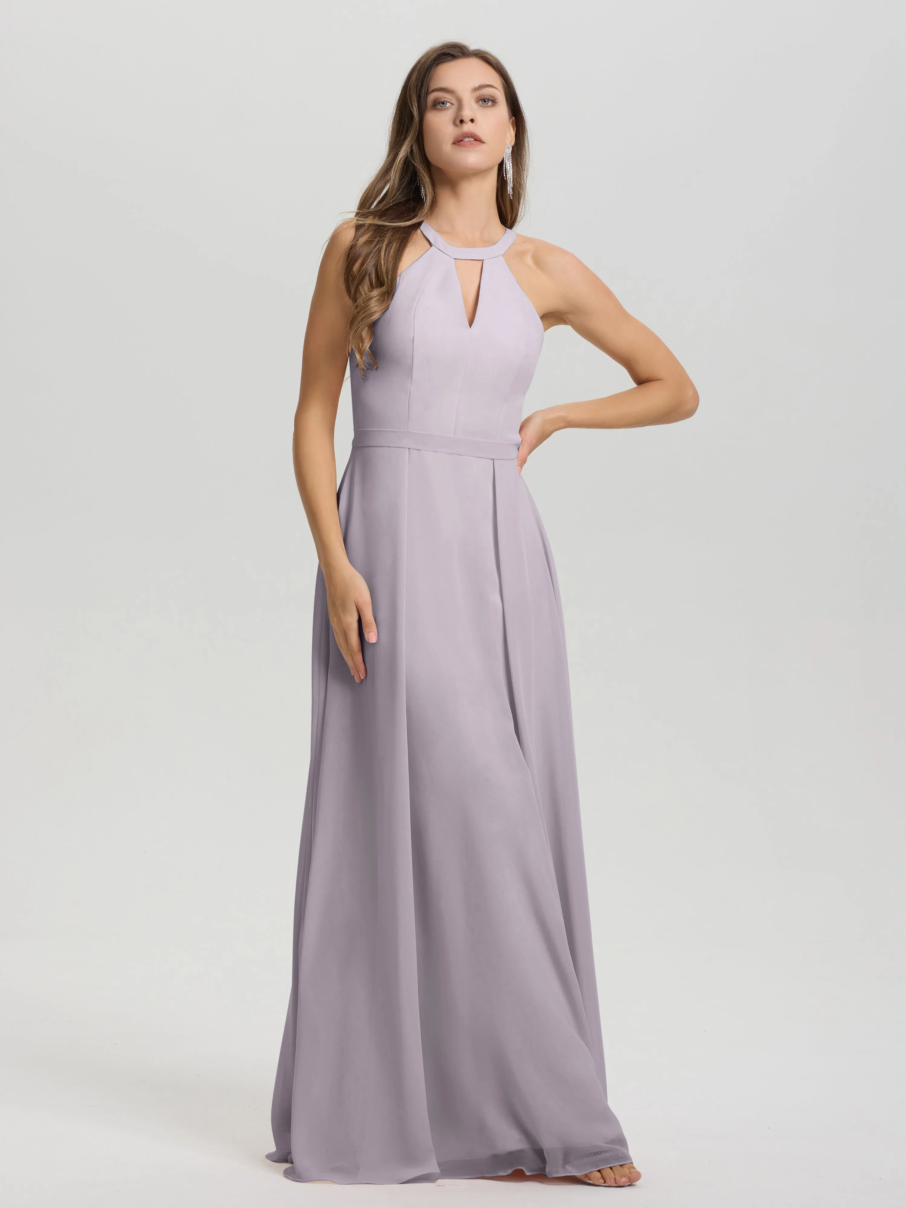 Hater A-Line Key Hole Sleeveless Floor Length Chiffon Bridesmaid Dress