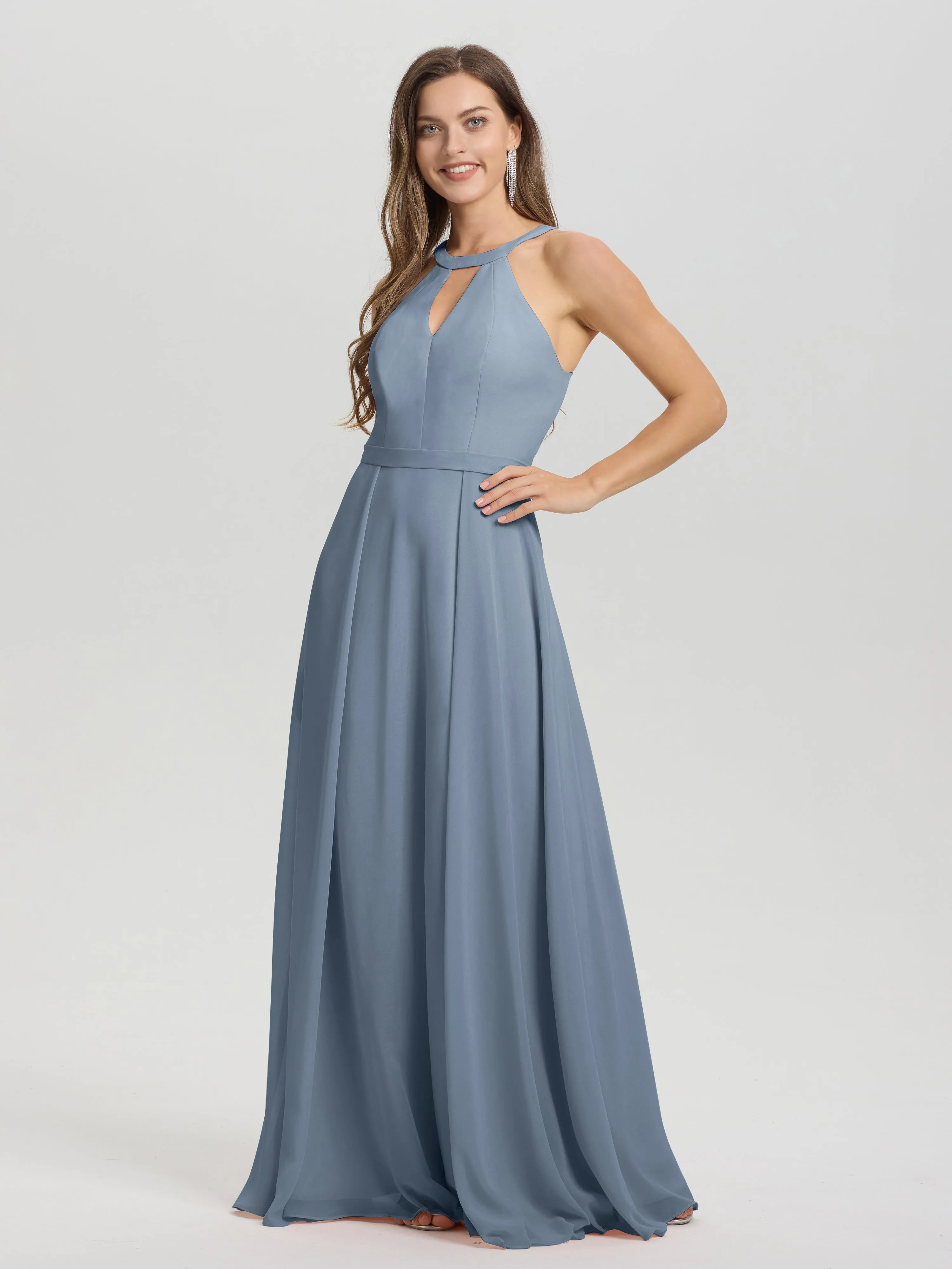 Hater A-Line Key Hole Sleeveless Floor Length Chiffon Bridesmaid Dress